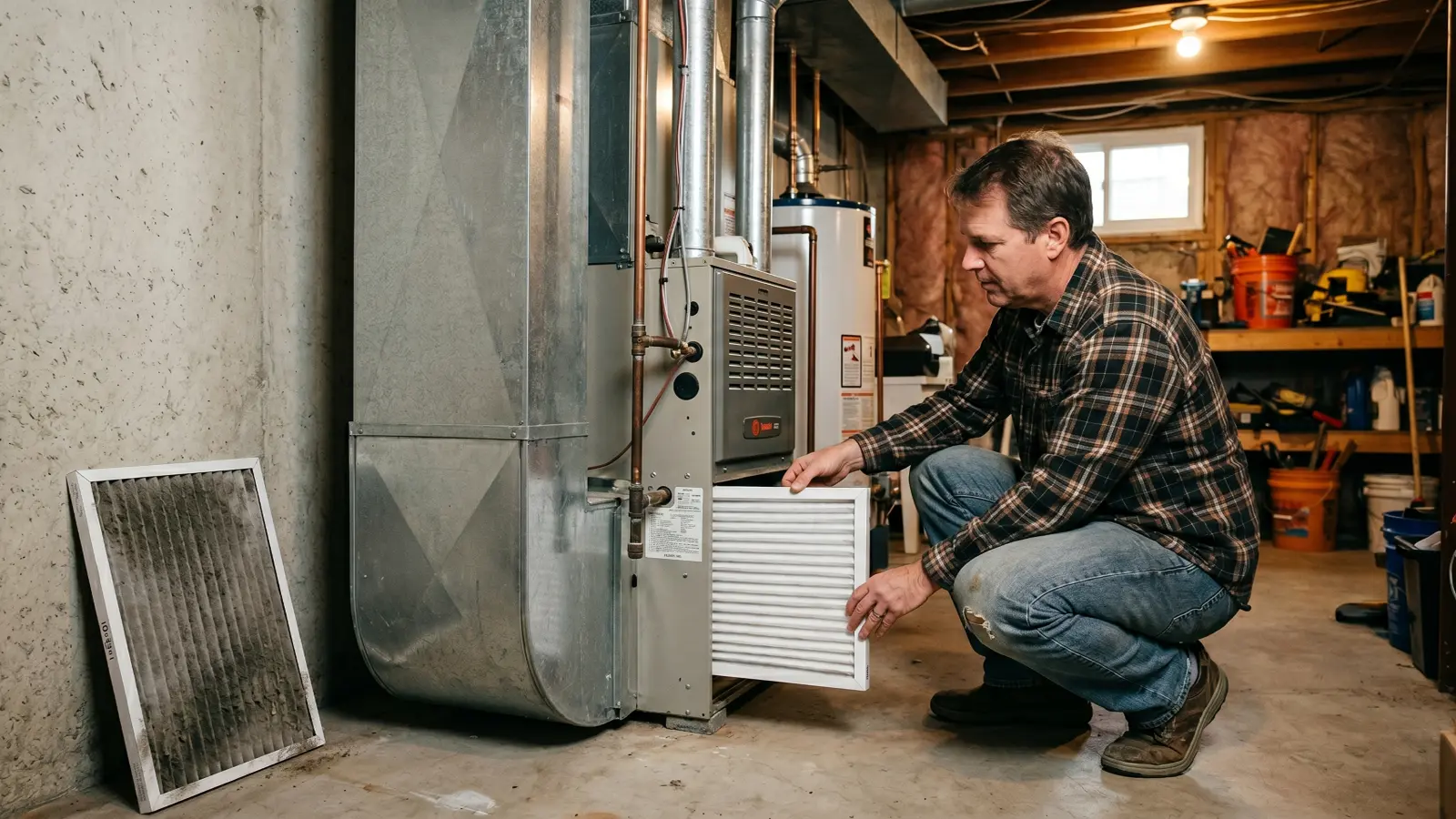 Homeowner replacing a dirty HVAC furnace filter with a clean one in a basement utility room to prevent mold spore circulation