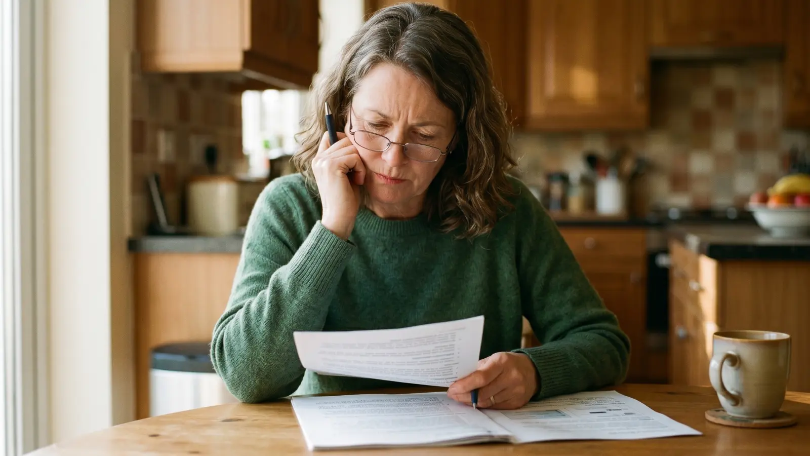 Homeowner reviewing mold remediation cost estimates at a kitchen table with a concerned expression