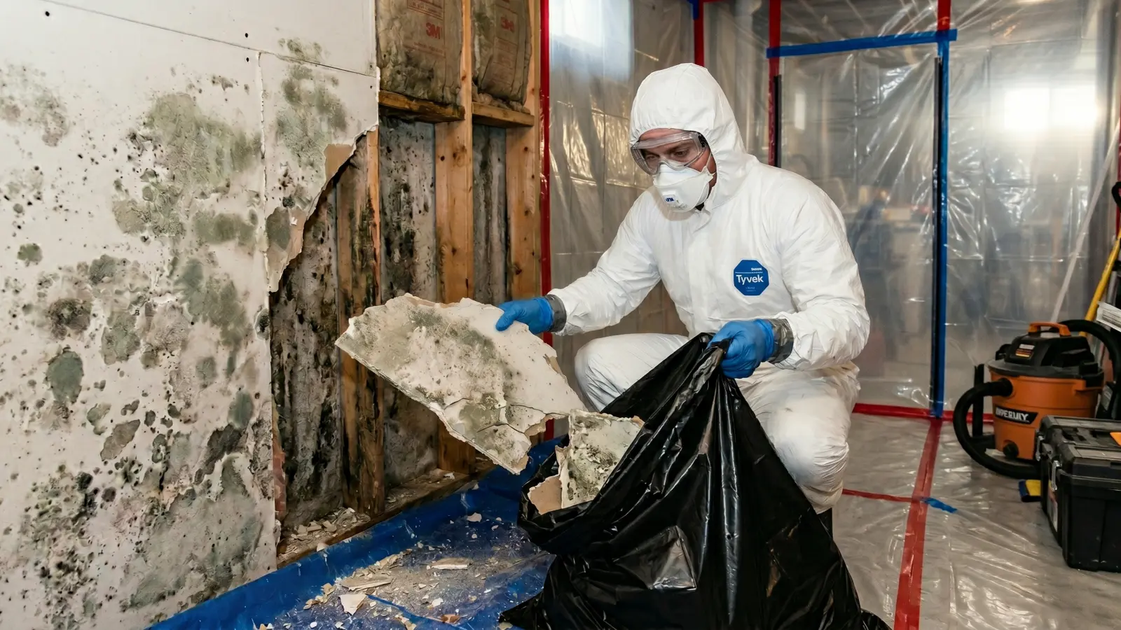 Mold remediation technician in Tyvek suit removing mold-affected drywall and bagging it for disposal inside a red-taped containment zone