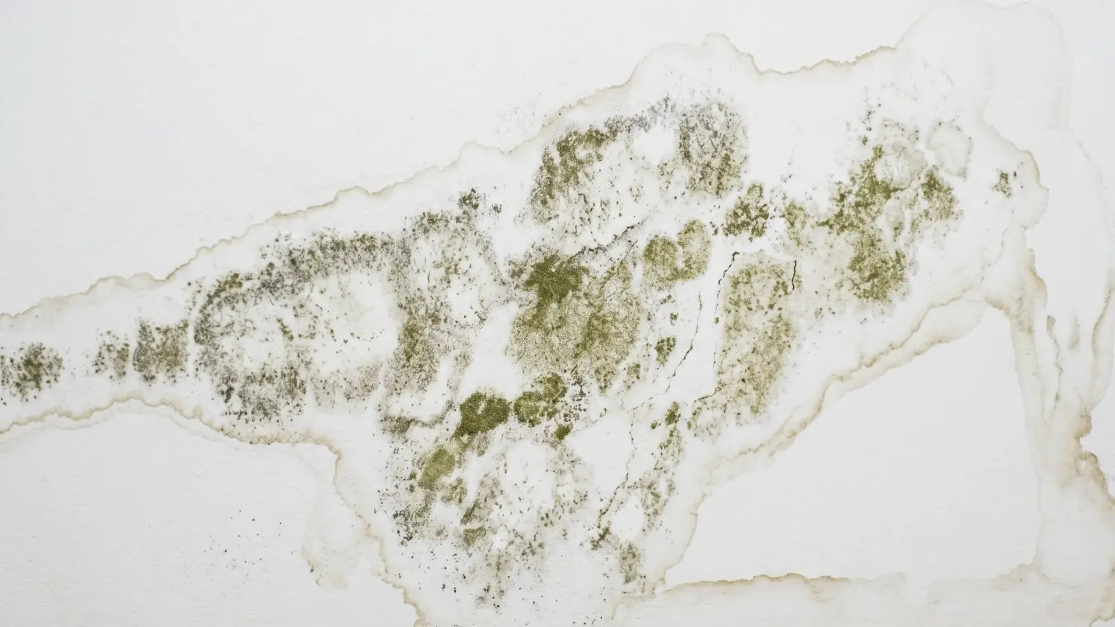 Olive-green and gray-green Aspergillus mold discoloration spreading across a painted drywall surface with faint water staining outline