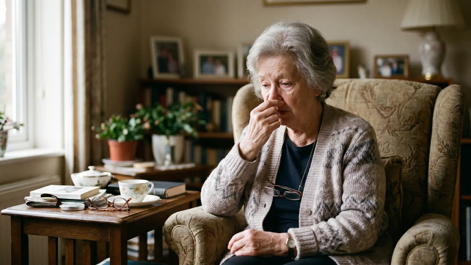 Elderly woman at home experiencing nasal and respiratory discomfort, representing high-risk populations for Aspergillus mold exposure