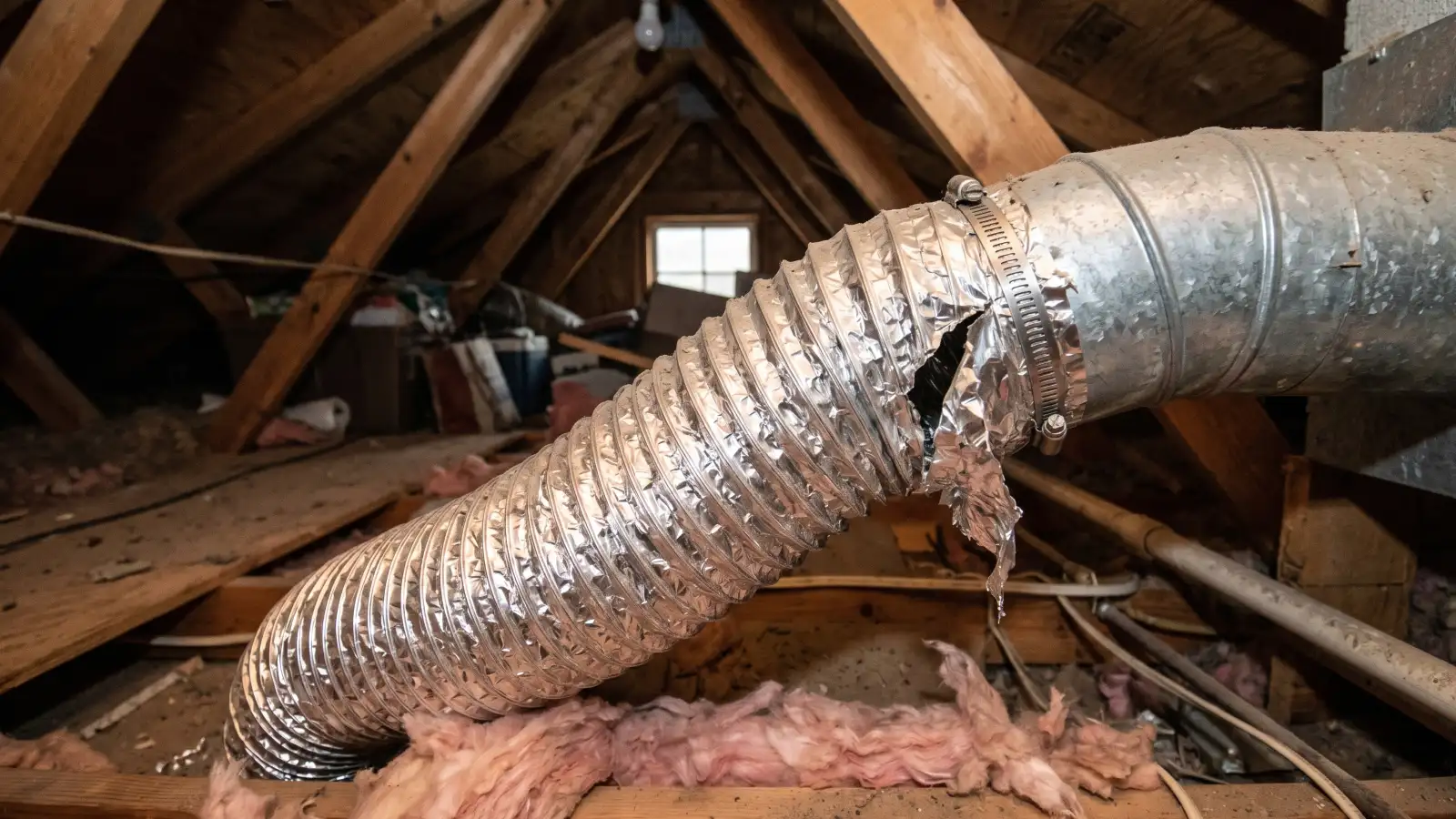 Damaged and disconnected flexible exhaust duct with a torn opening venting directly into attic space instead of routing to the exterior
