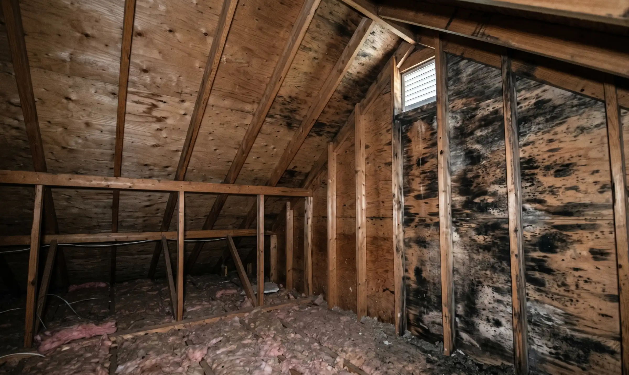 Dark mold growth on attic roof sheathing and rafters