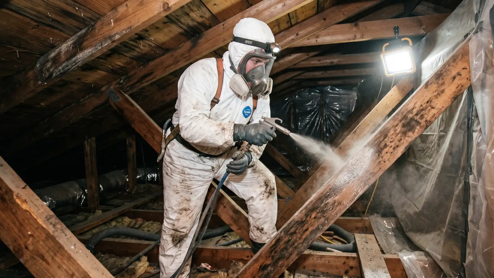 Mold remediation technician in Tyvek suit and respirator using soda blasting equipment on mold-covered attic rafters and roof sheathing