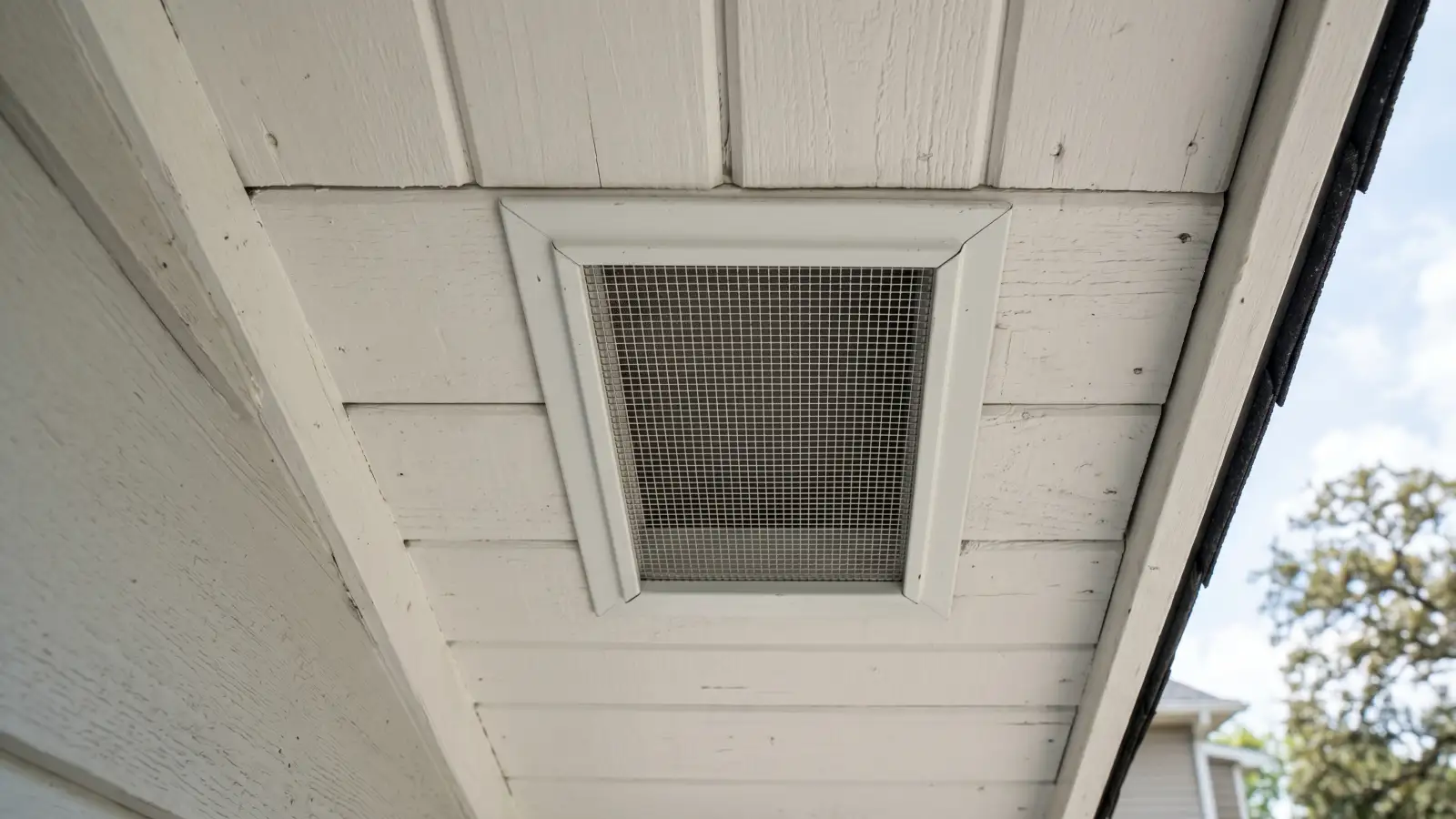 Clean unobstructed soffit vent with mesh screen on the underside of a residential roof overhang