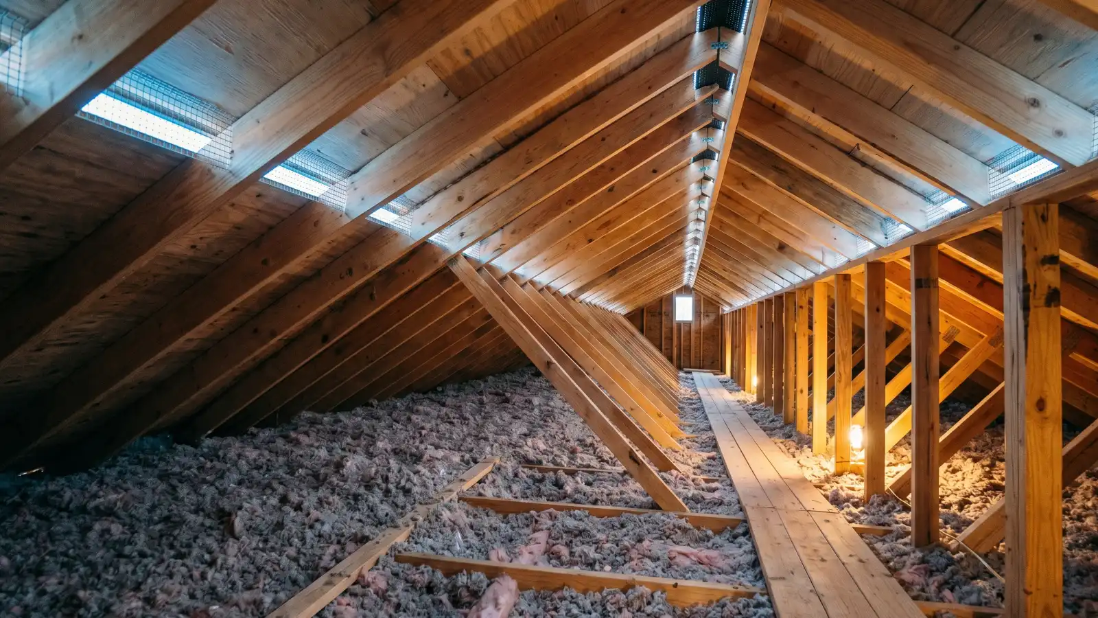 Residential attic interior showing soffit vents along the eave line, wood rafters, ridge, and blown-in insulation on the floor