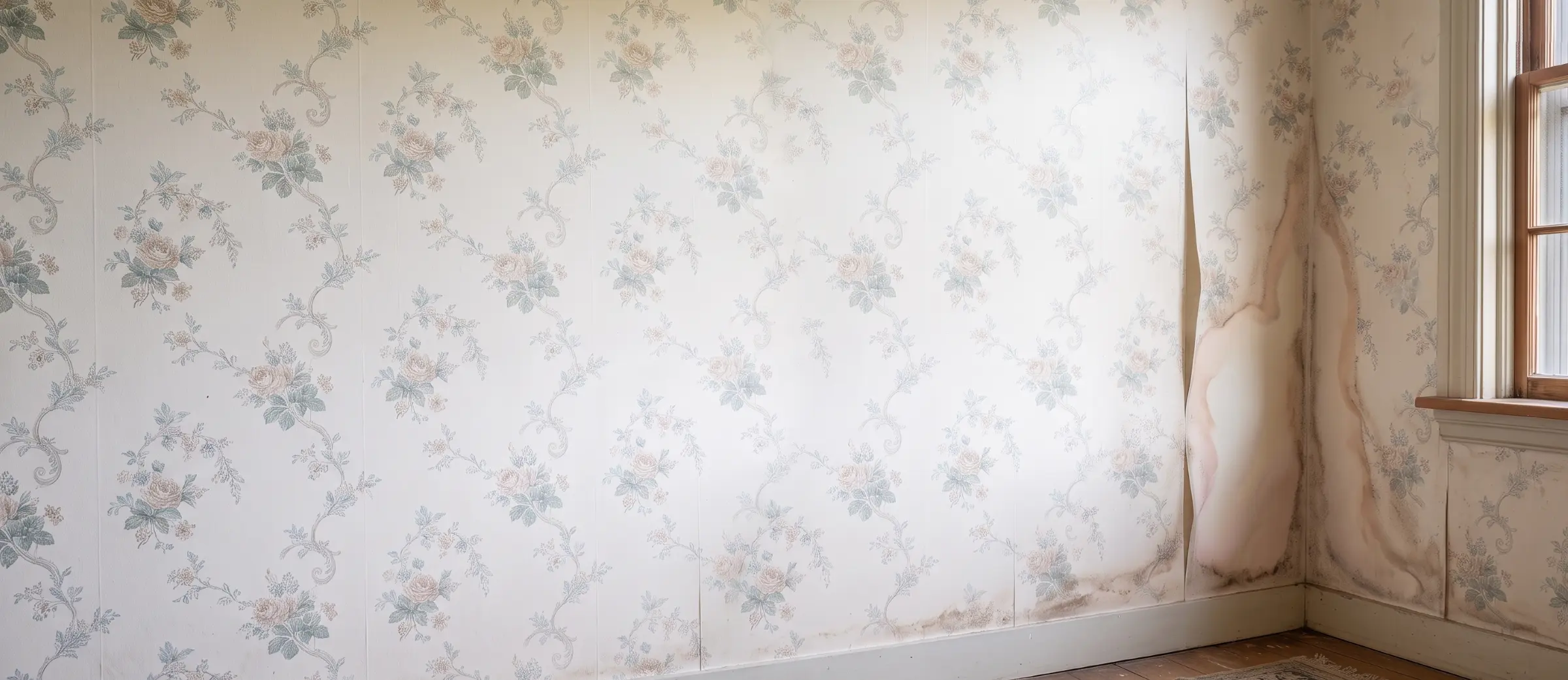 Pink and brown Aureobasidium mold revealed under peeling wallpaper near a window