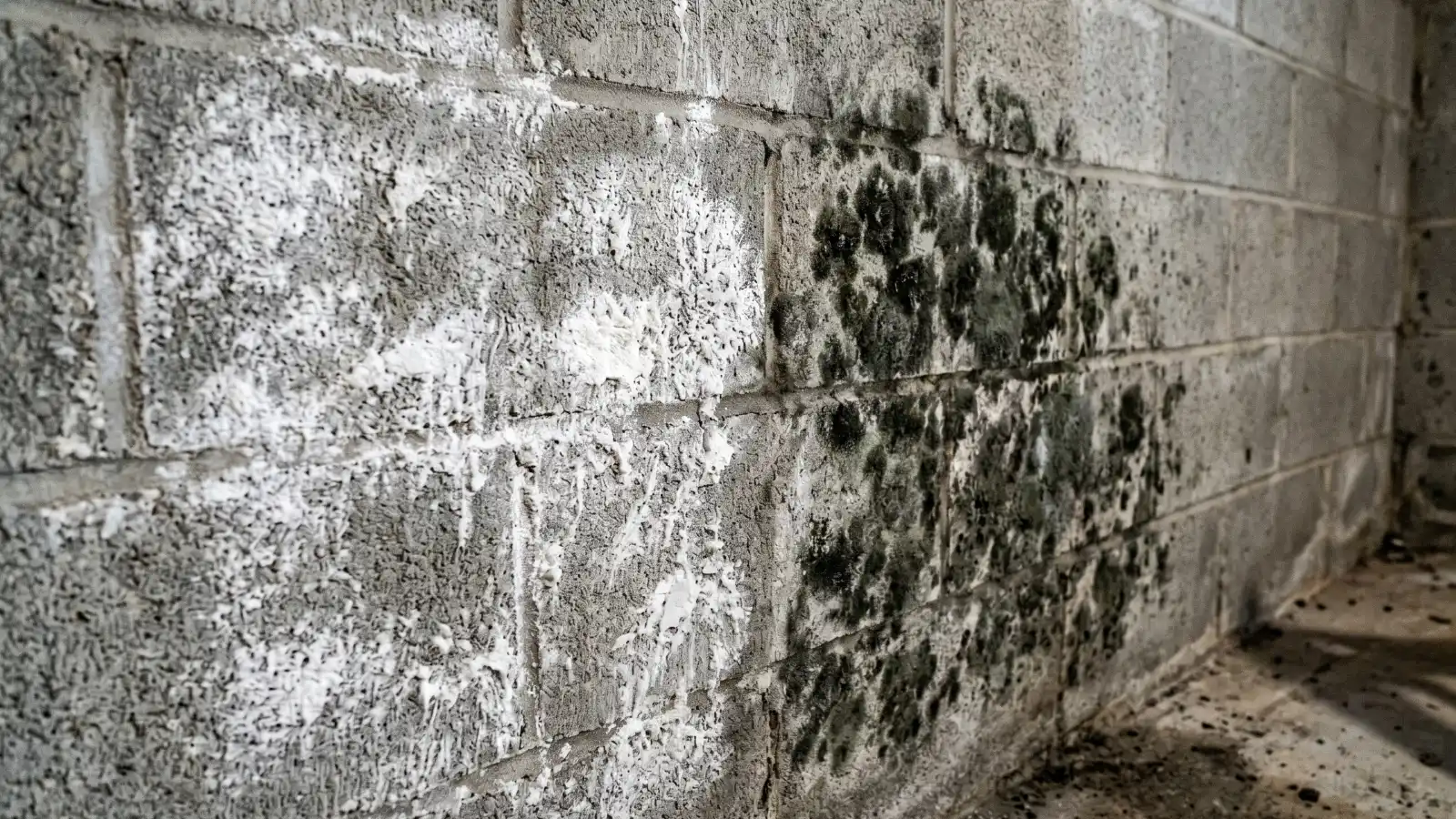 Efflorescence mineral deposits on the left and dark fuzzy mold colonies on the right of a concrete block basement wall