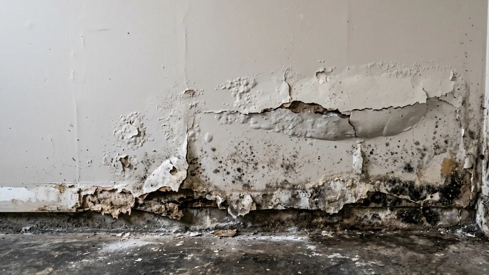 Peeling paint, bubbling drywall, and mold growth at the base of a finished basement wall