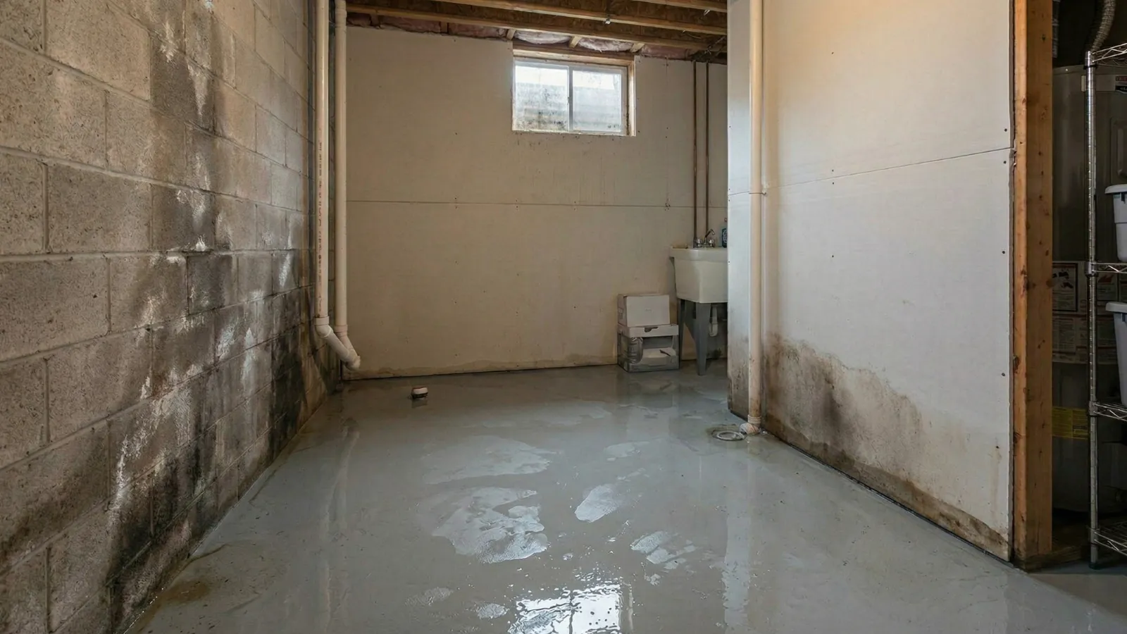 Basement flooding with shallow standing water and moisture along walls and concrete floor