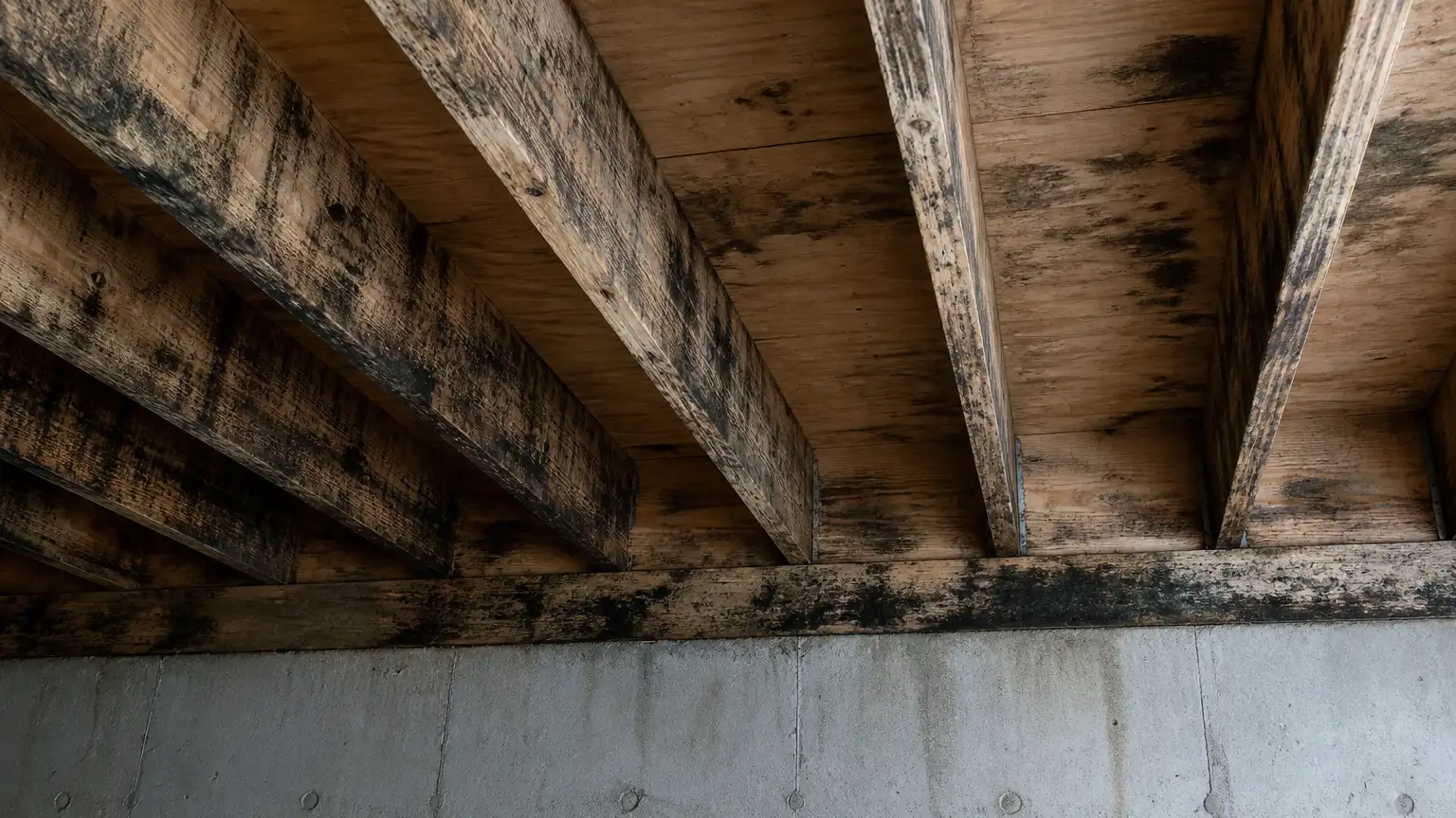 Mold growth along the wood grain of floor joists and rim joist in an unfinished basement
