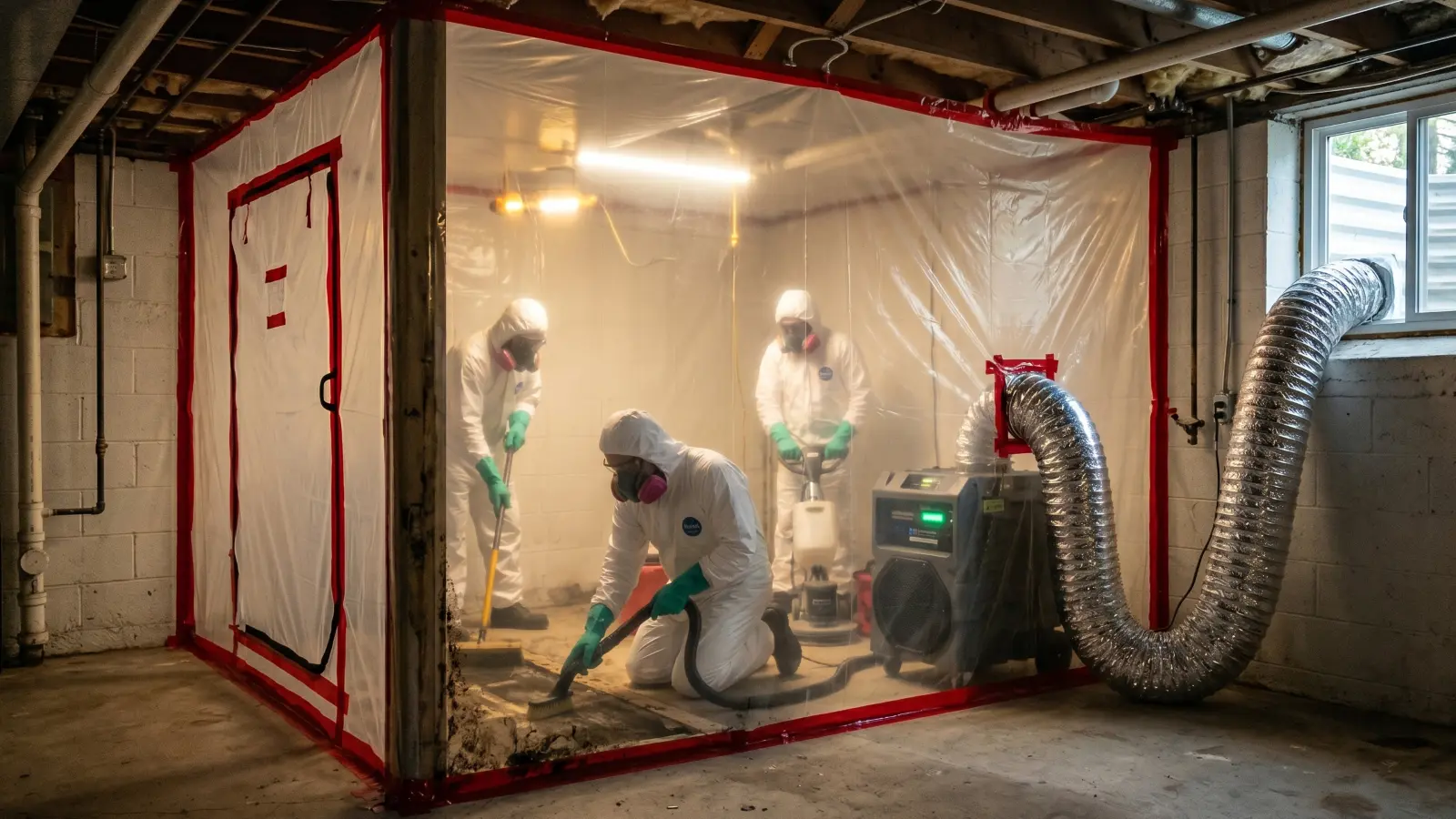 Professional mold remediation containment zone in a basement with workers in protective suits and HEPA negative air machine exhausting through a window