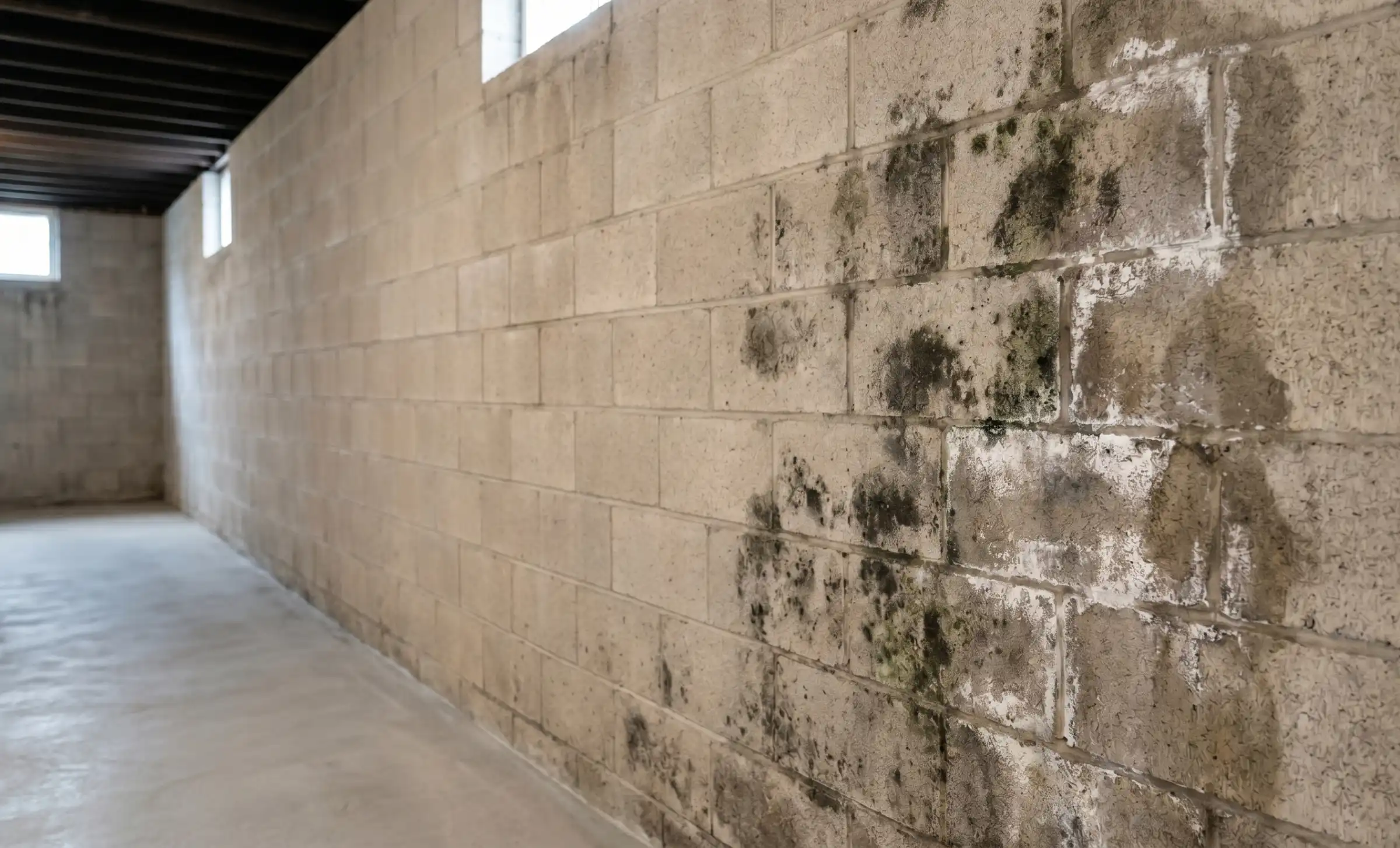 Mold and efflorescence on concrete block basement walls in an unfinished basement