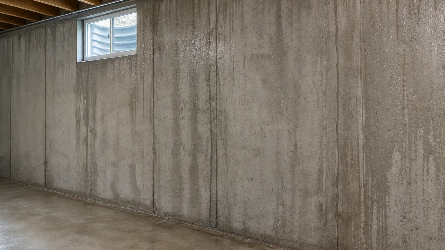 Moisture streaking and water staining on a poured concrete basement wall beneath a basement window