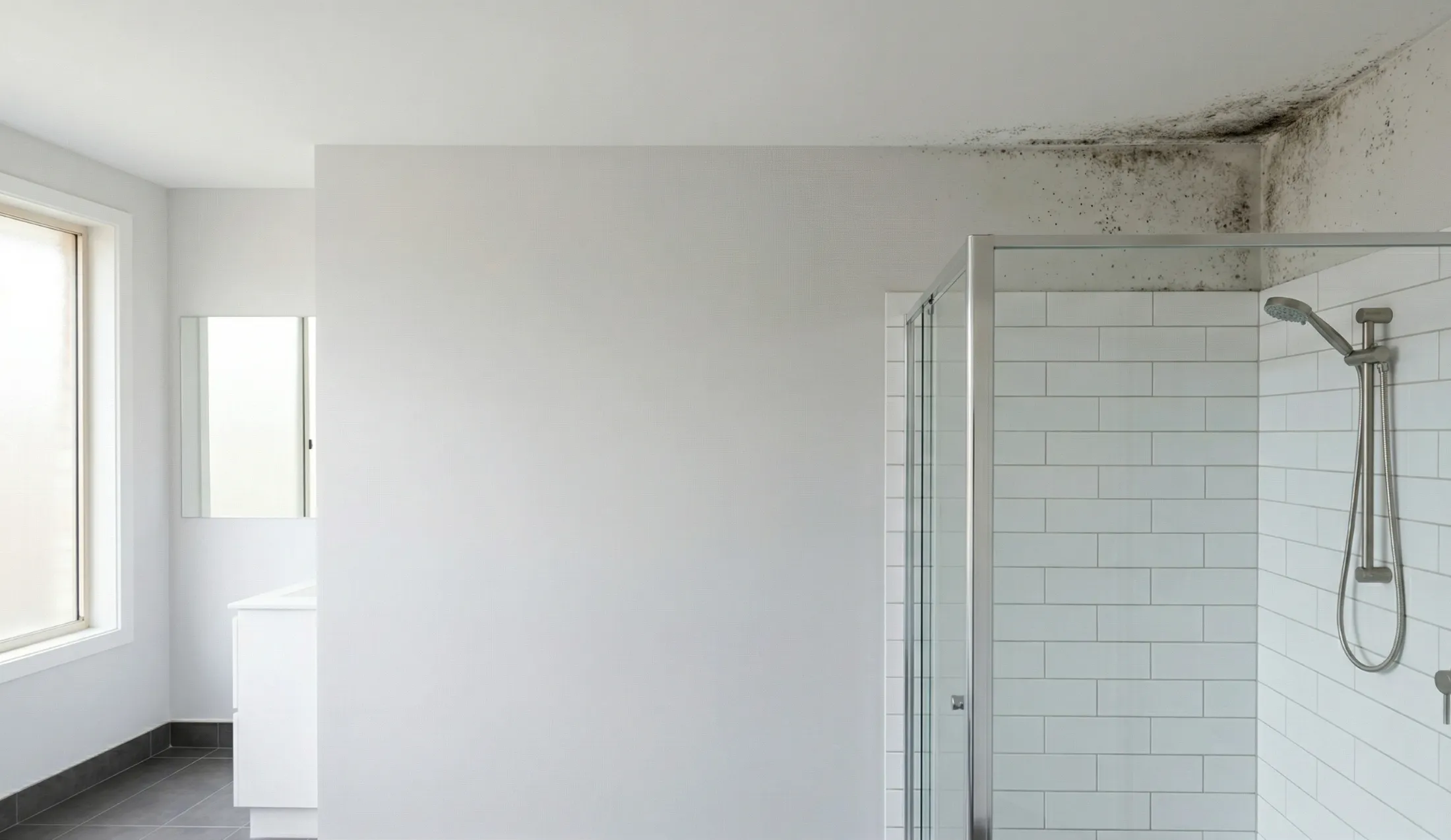Mold growth on bathroom ceiling and wall corner caused by moisture near shower