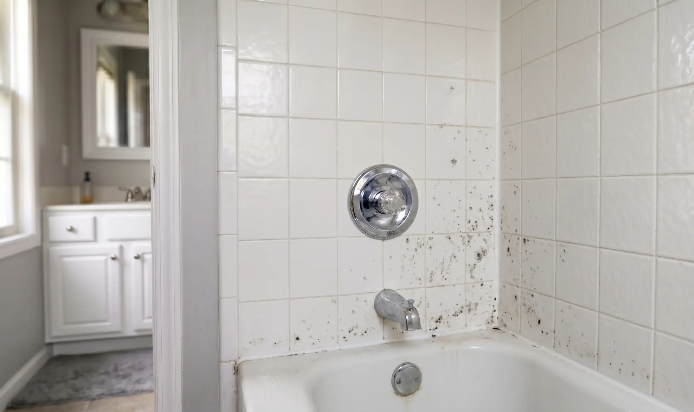 Mold growing on bathroom tile grout and caulk in a shower