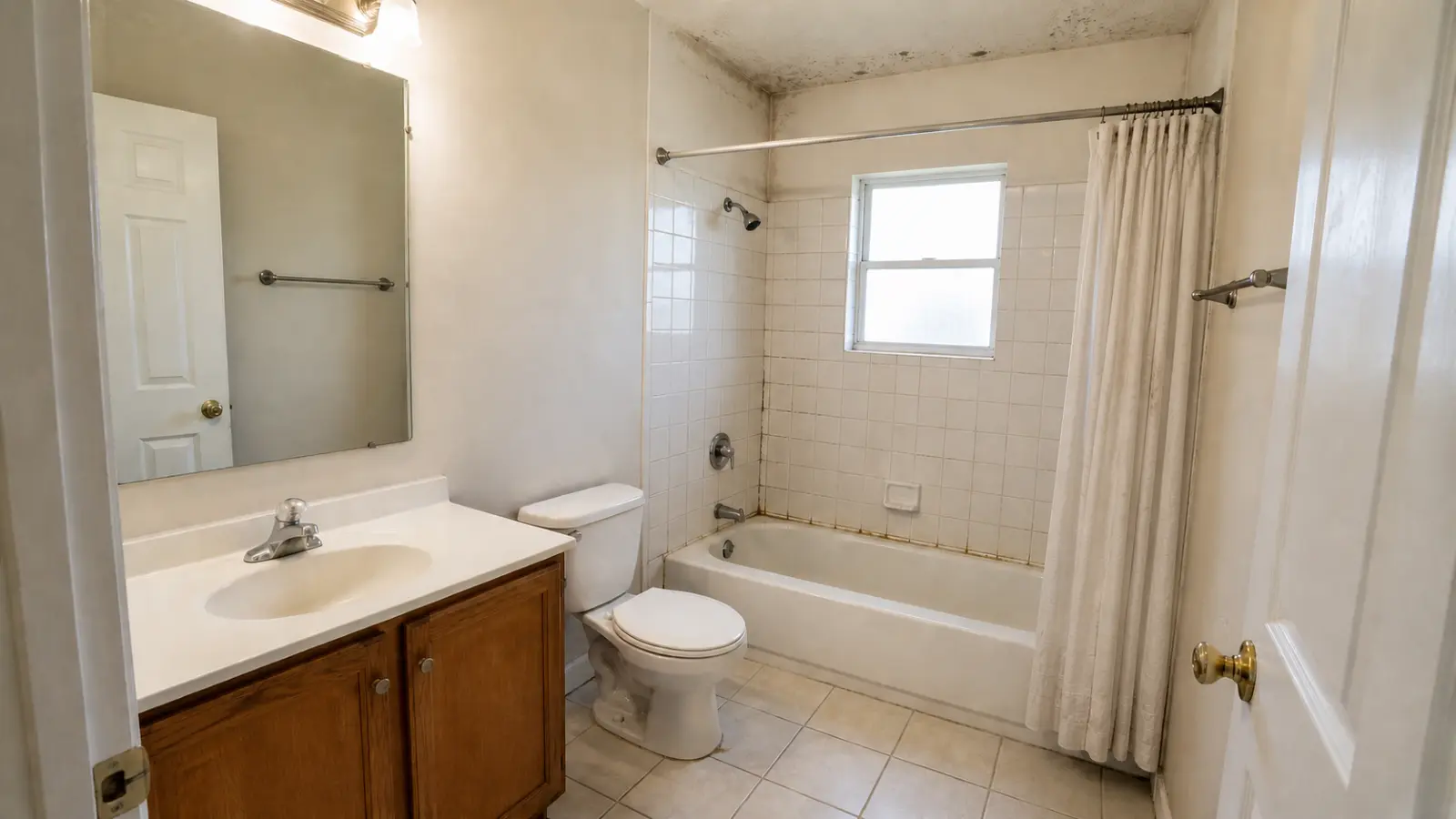 Bathroom with mold growth on ceiling and grout lines above a shower and bathtub