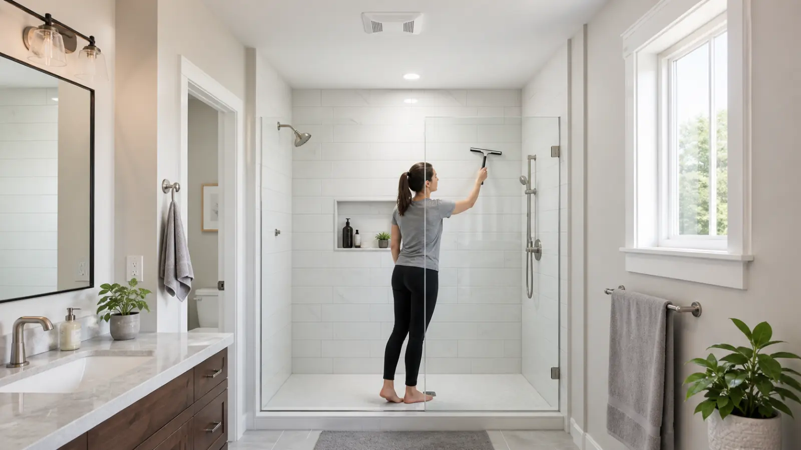Person squeegeeing shower glass and tile walls in a clean modern bathroom to prevent mold growth