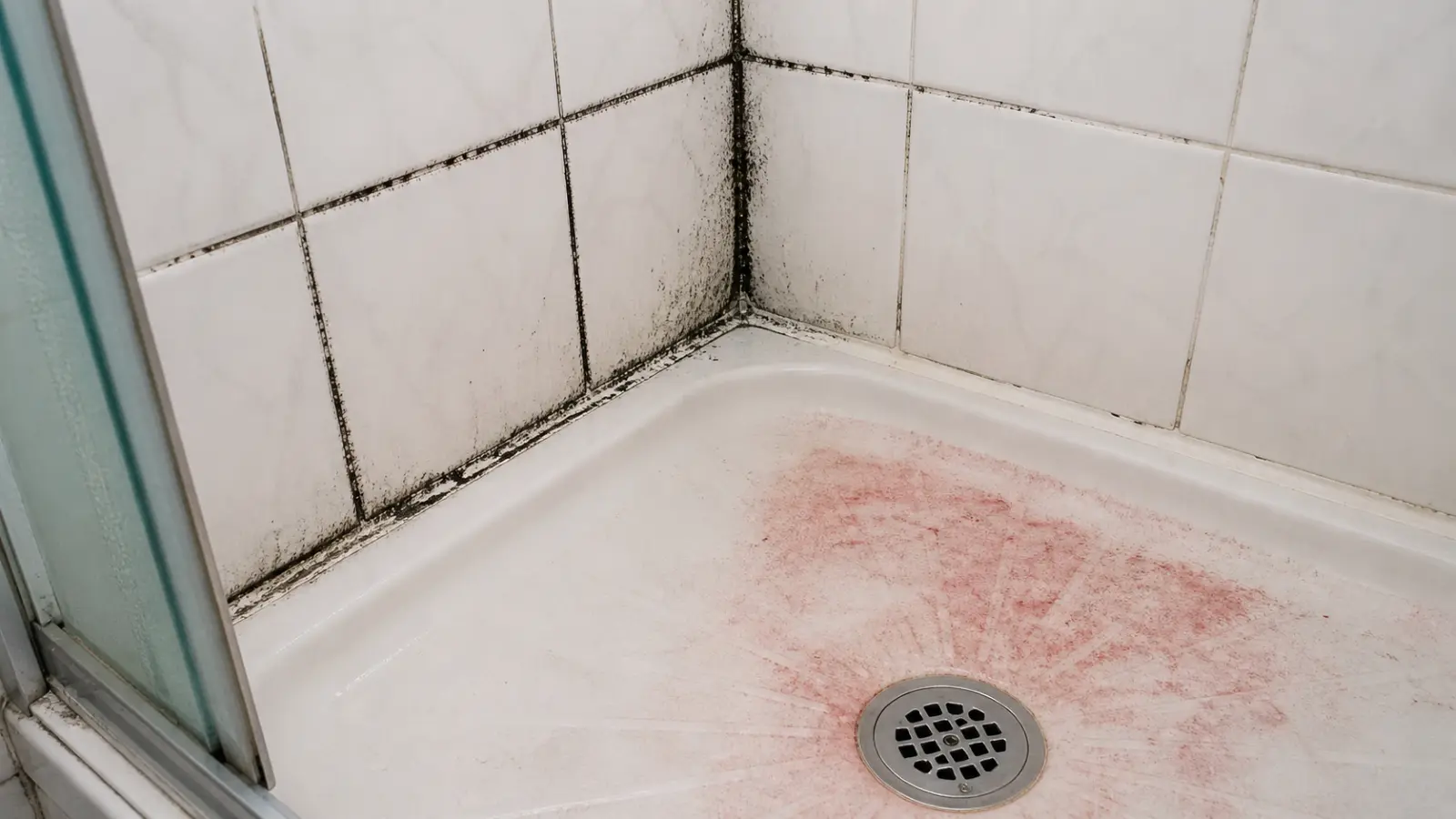 Black mold on shower tile grout lines above pink Serratia marcescens bacterial growth on a shower floor drain