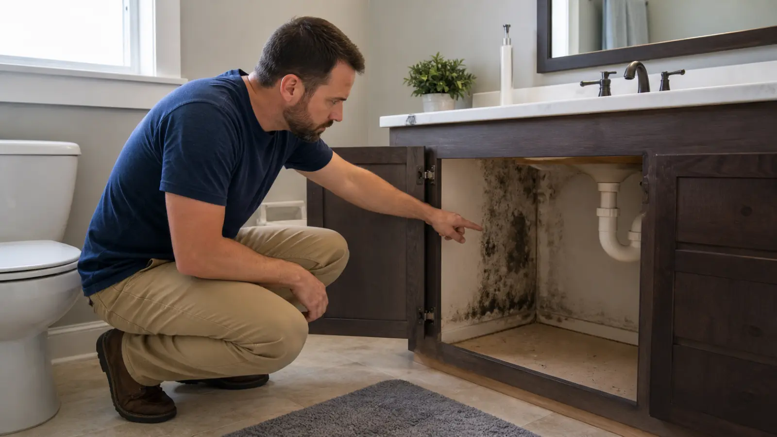 Homeowner discovering heavy mold growth inside a bathroom vanity cabinet under the sink