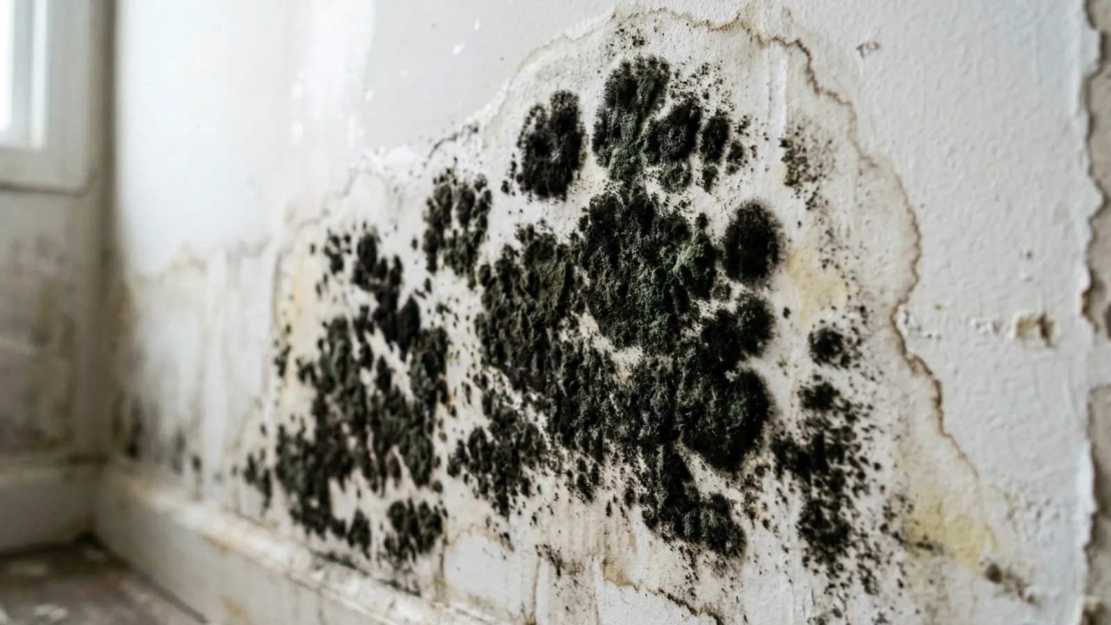 Black mold colony growth on interior wall with surrounding moisture damage