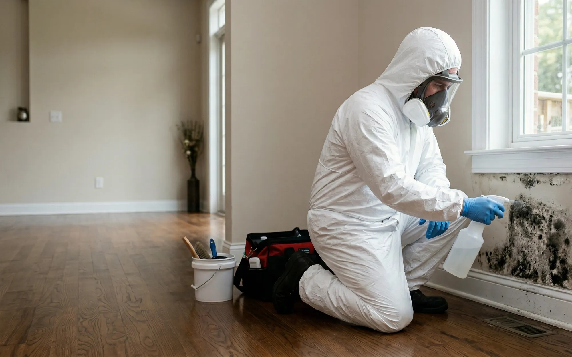 Mold remediation technician in full Tyvek suit and full face respirator spraying antimicrobial solution on black mold growth along a residential baseboard