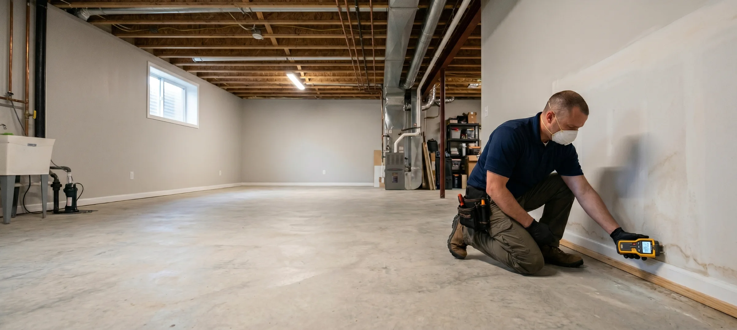 Mold remediation technician using a moisture meter along a basement baseboard during a post-remediation inspection