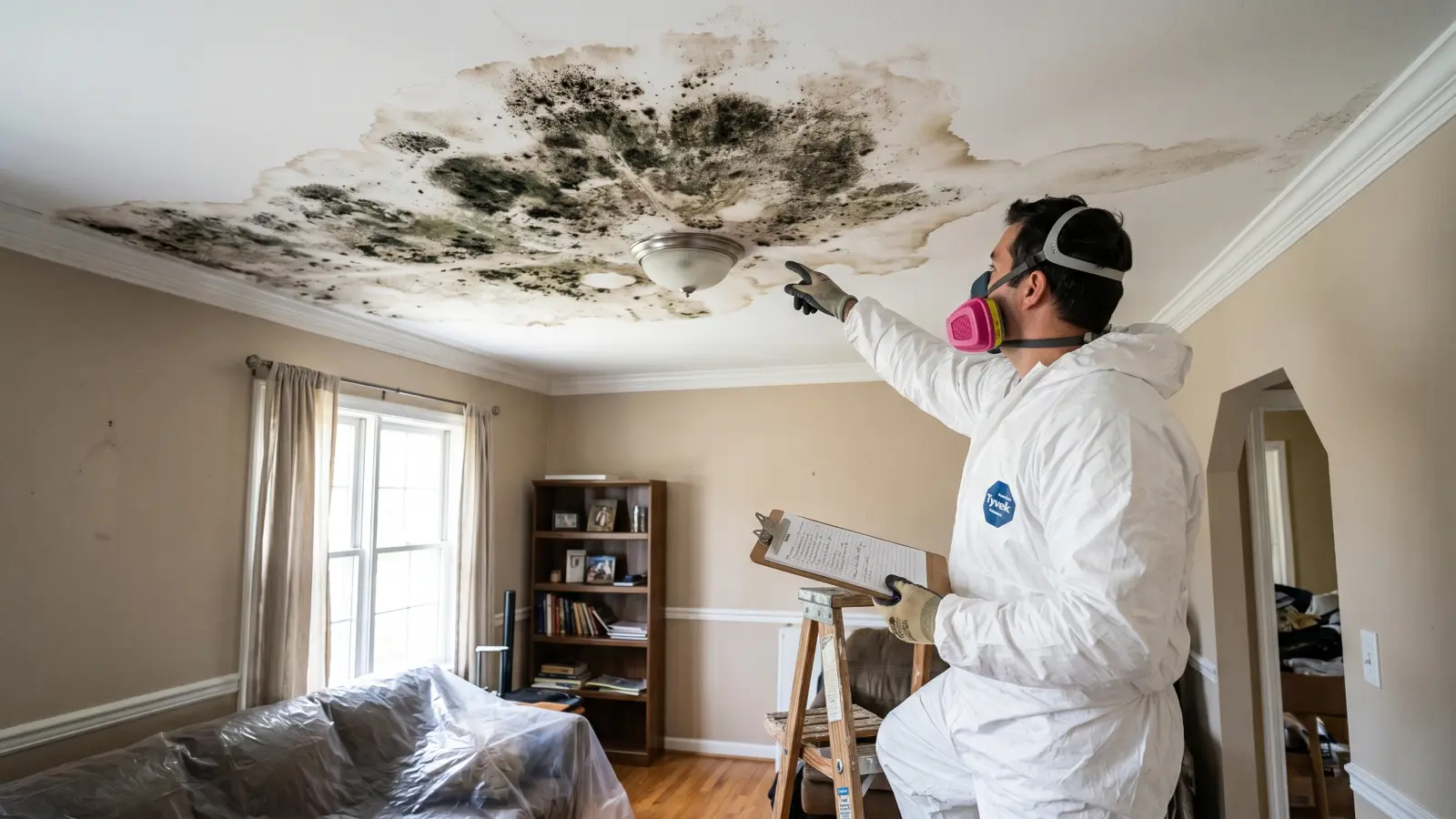 Mold remediation contractor in a Tyvek suit and respirator pointing at extensive black mold and water damage covering a residential living room ceiling