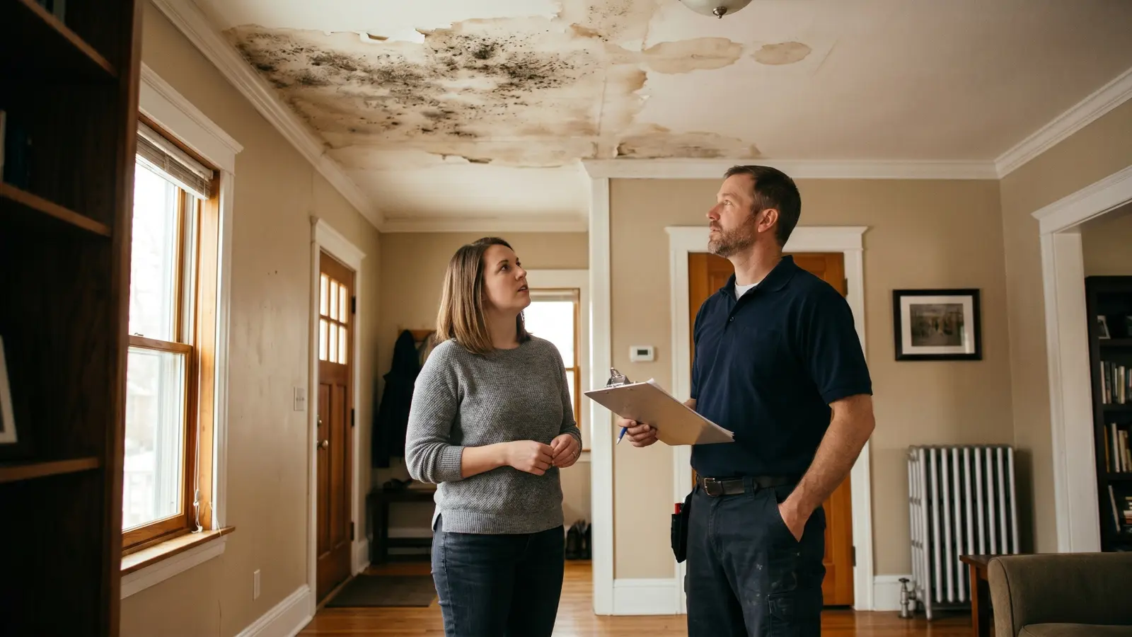 Contractor pointing at extensive mold and water damage on a living room ceiling while homeowner looks on during a cost estimate visit