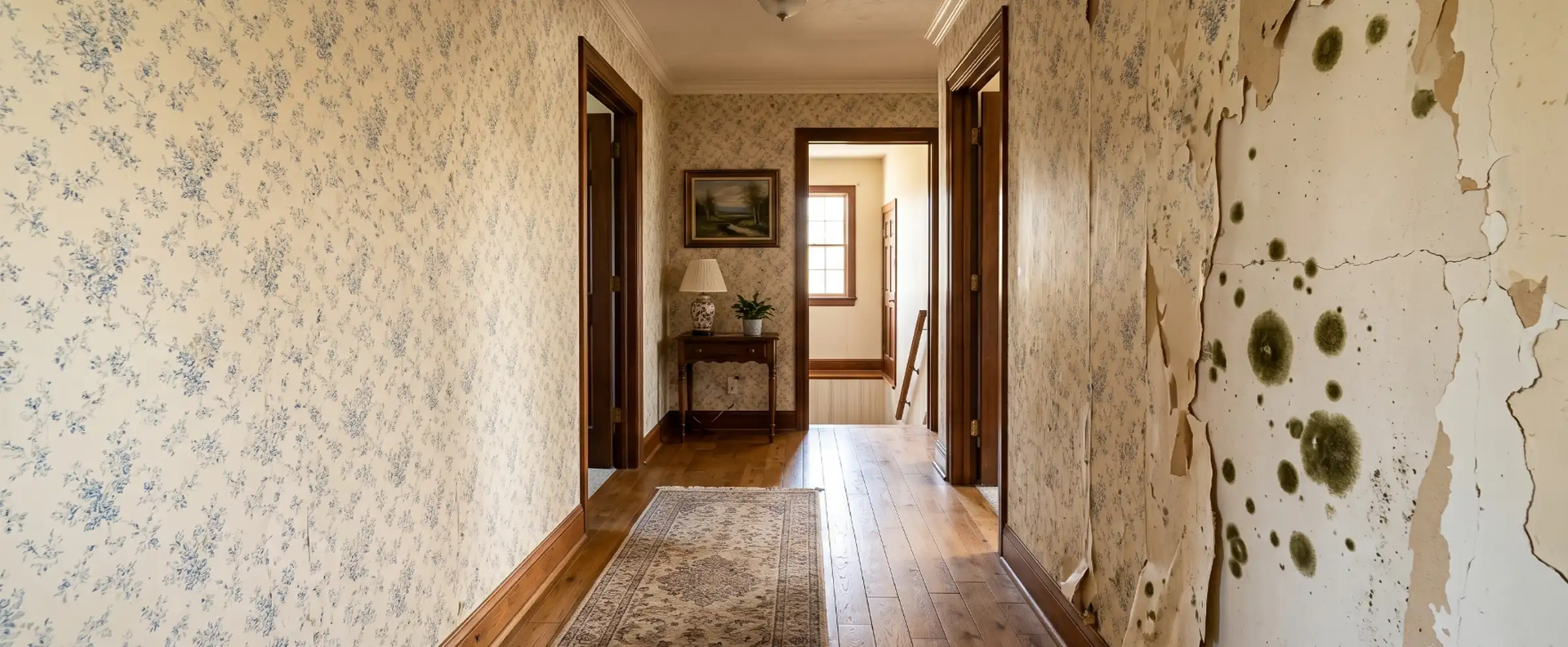 Wallpaper peeled back in a home hallway revealing extensive dark olive-green Chaetomium mold colonies on the drywall underneath