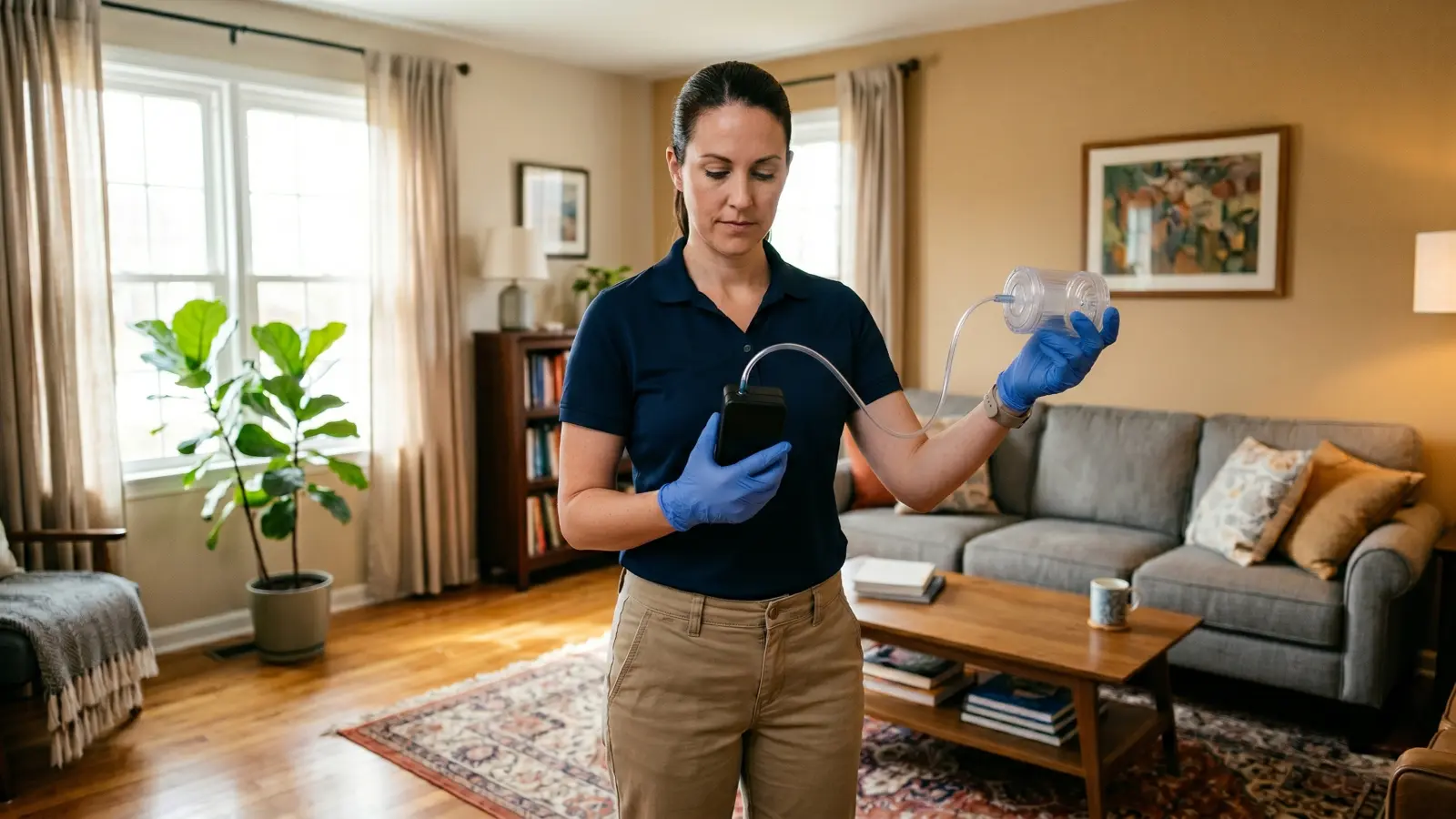 Female mold inspector in nitrile gloves checking an air sampling pump connected by tubing to a cassette while collecting an air quality sample in a residential living room