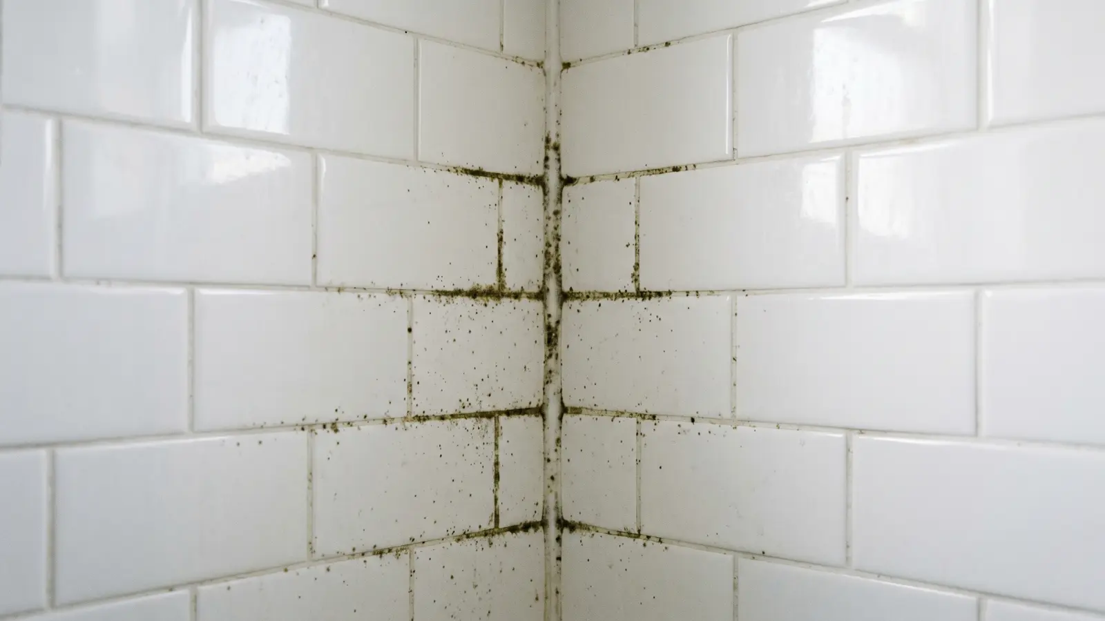 Olive-green Cladosporium mold growing along bathroom tile grout lines and corner seam on white glazed subway tiles