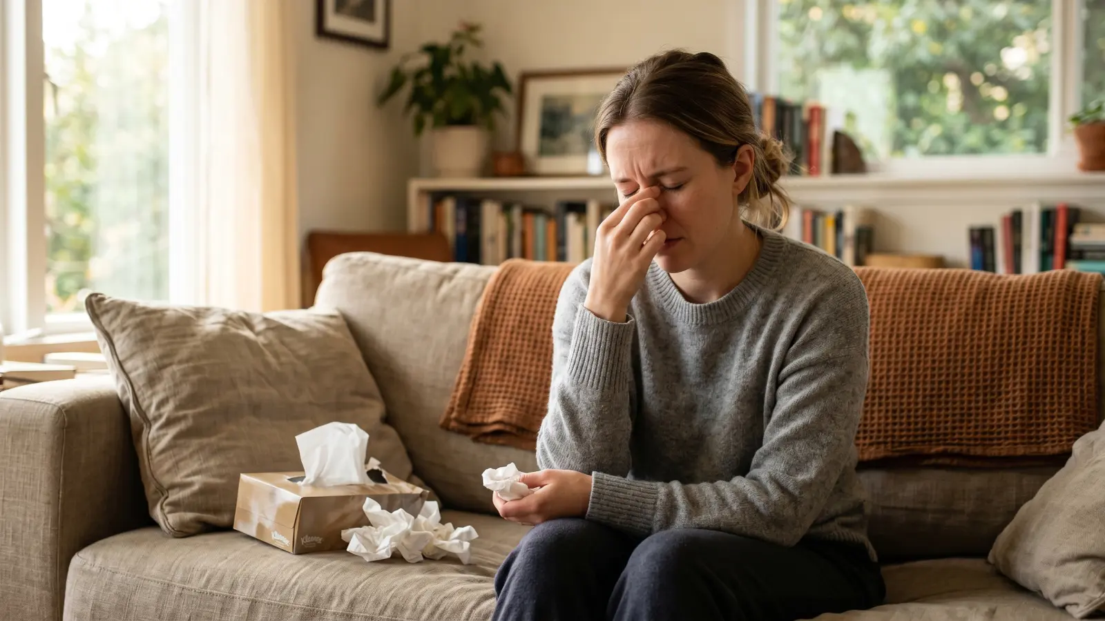 Woman sitting on a couch at home pinching the bridge of her nose with tissues beside her, showing allergy symptoms from indoor mold exposure