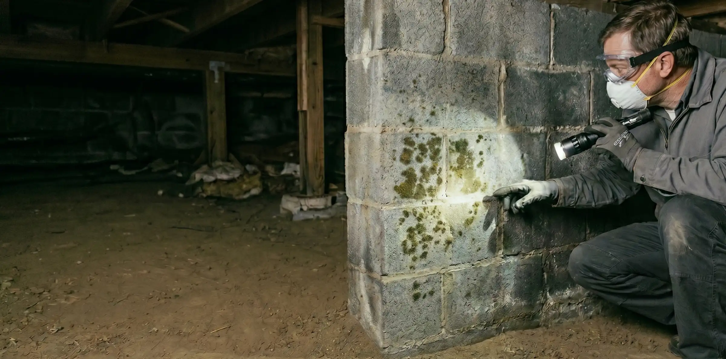 Home inspector wearing N95 mask and safety goggles examining olive-green mold growth on a concrete block pier in a crawl space