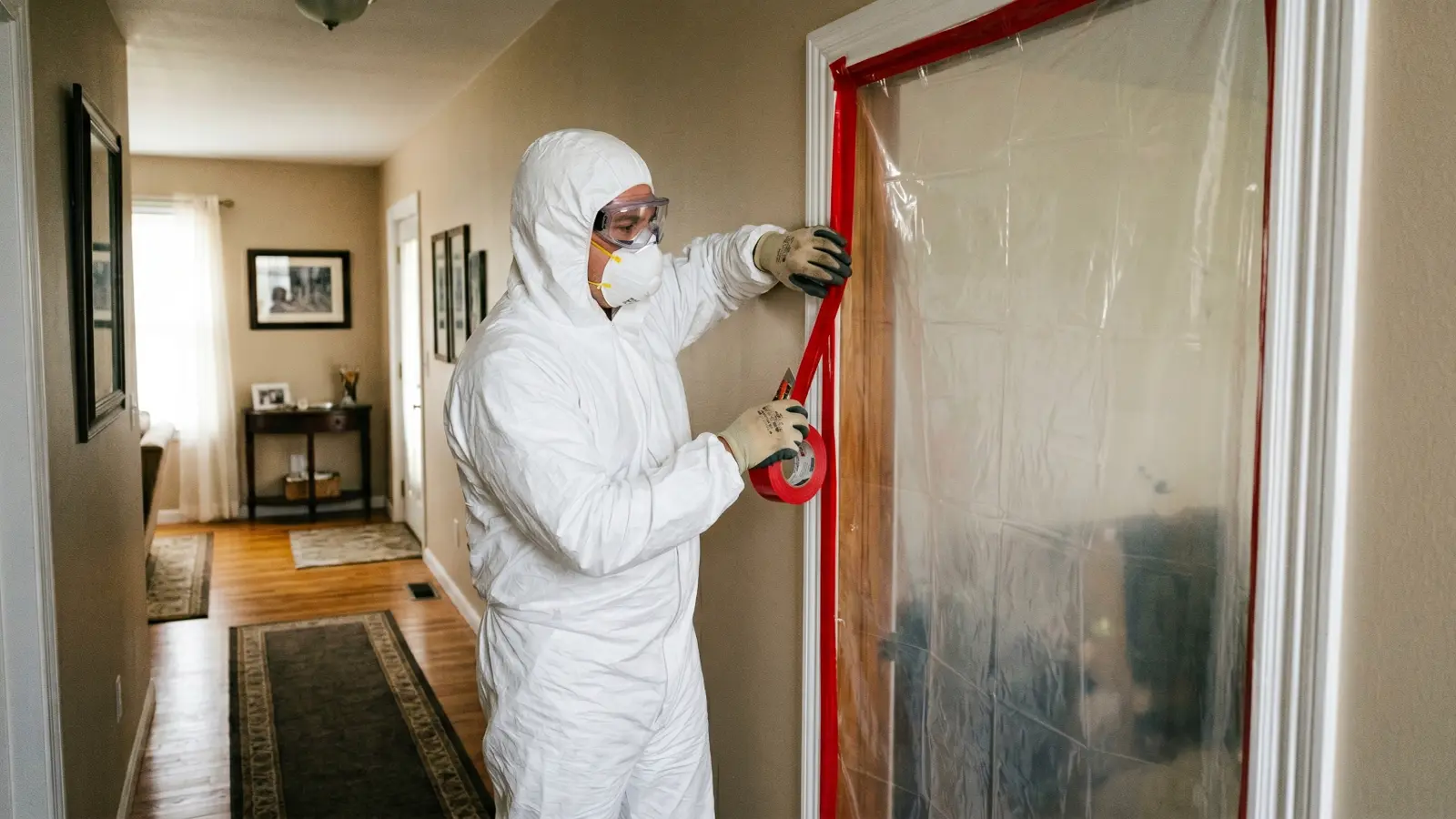 Mold remediation technician in a white Tyvek suit and respirator taping plastic containment sheeting over a doorway in a residential hallway before remediation work begins