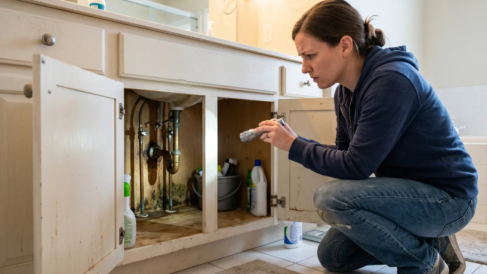 Woman crouching and shining a flashlight inside a bathroom vanity cabinet examining dark mold growth around the pipe connections on the cabinet back wall
