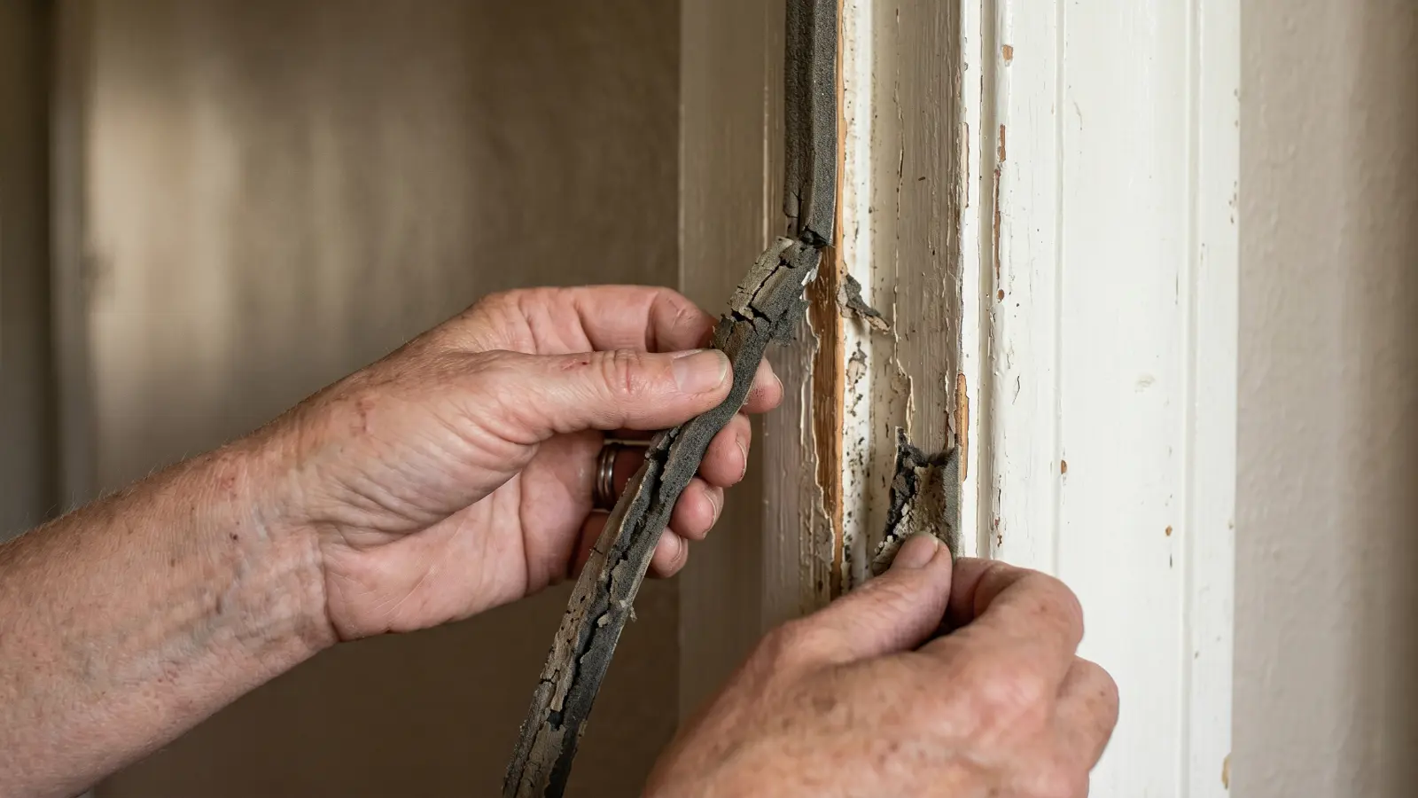 Homeowner peeling away old cracked weatherstripping from a door frame revealing dark staining and mold growth underneath on the painted wood