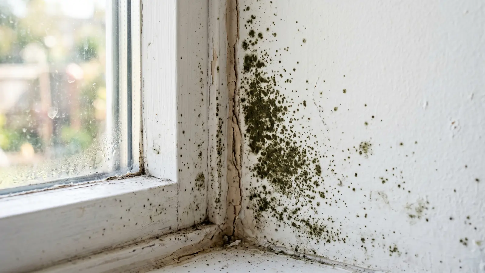 Fine olive-green Cladosporium mold speckling along a window frame seam and spreading onto the surrounding painted wall