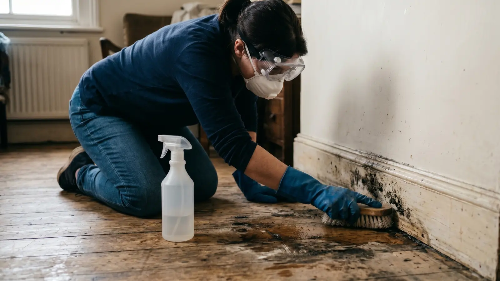 Woman wearing rubber gloves, safety goggles, and an N95 respirator scrubbing mold off a wood baseboard with a scrub brush