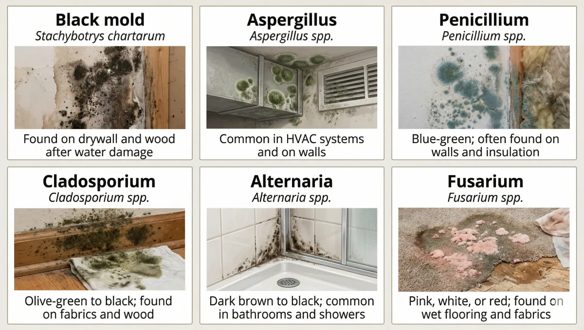 Six common types of household mold with photos showing black mold, Aspergillus, Penicillium, Cladosporium, Alternaria, and Fusarium growing in real home environments including drywall, HVAC vents, bathroom tile, and flooring