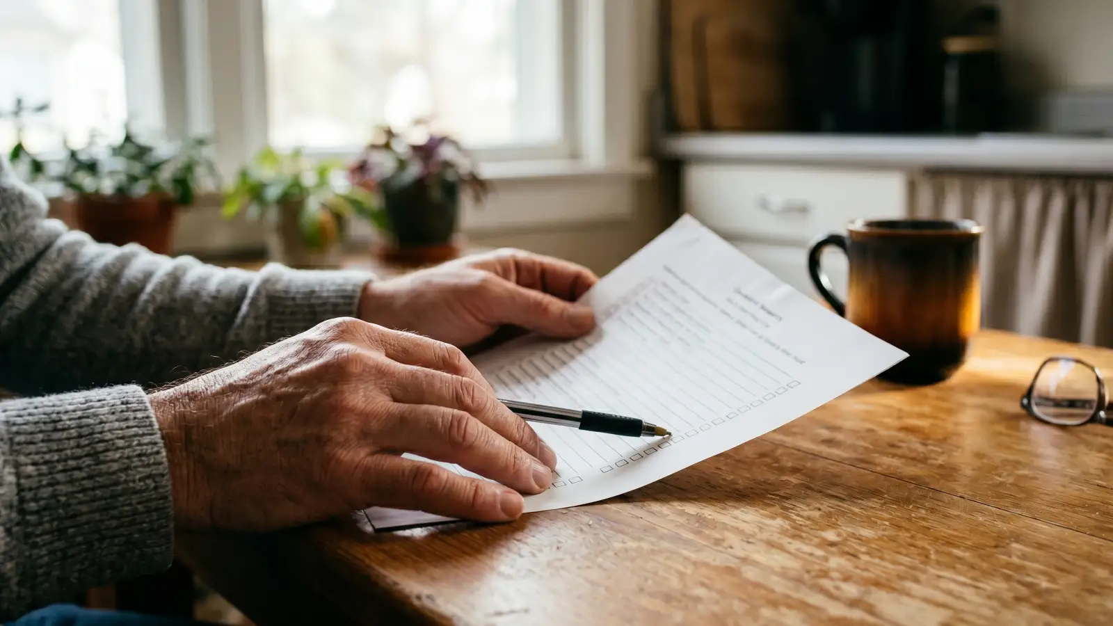 Homeowner reviewing a printed contractor checklist at a kitchen table before hiring a mold remediation company