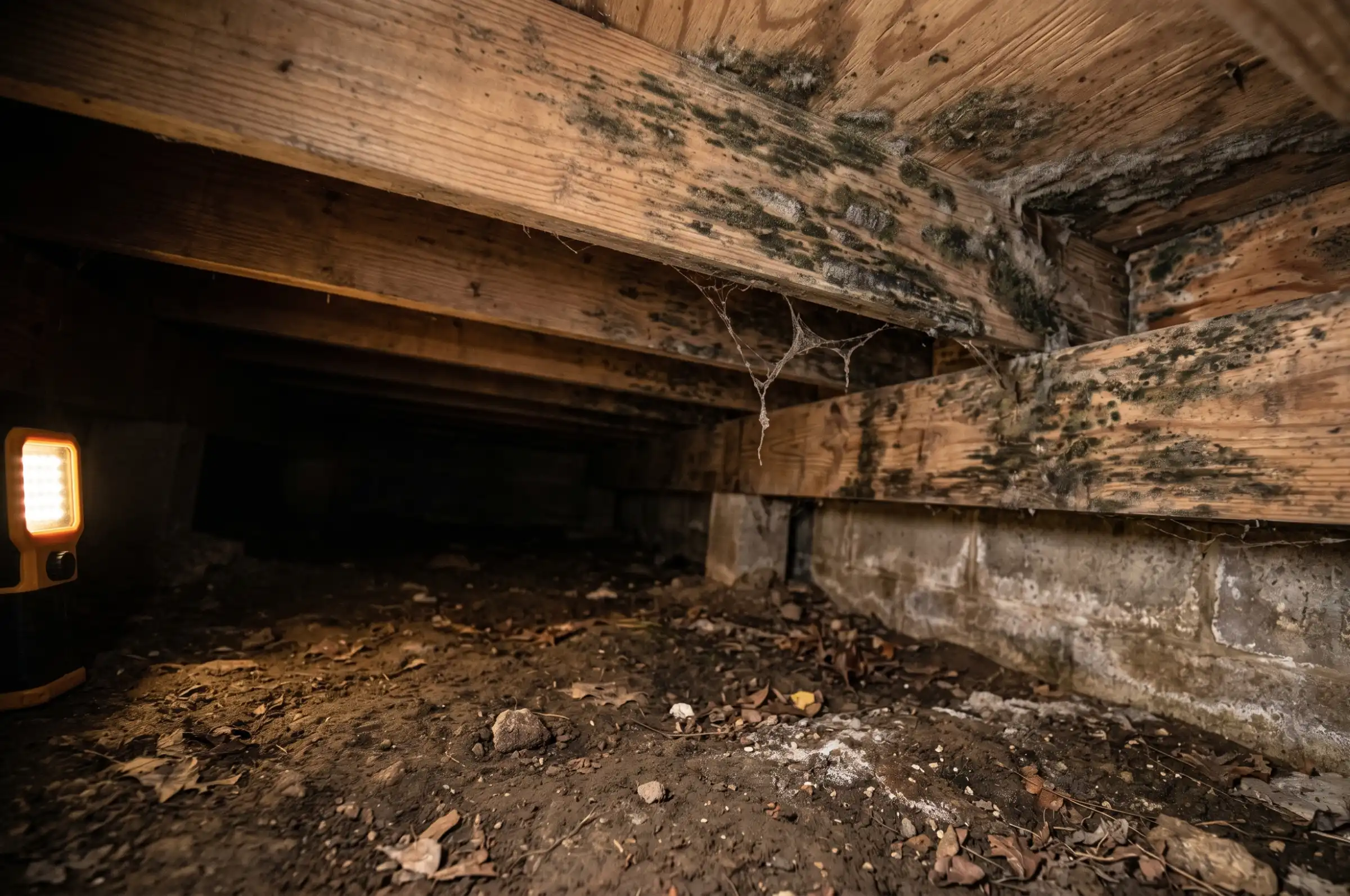 Mold growth on crawl space floor joists and subfloor sheathing with work light illuminating bare soil floor