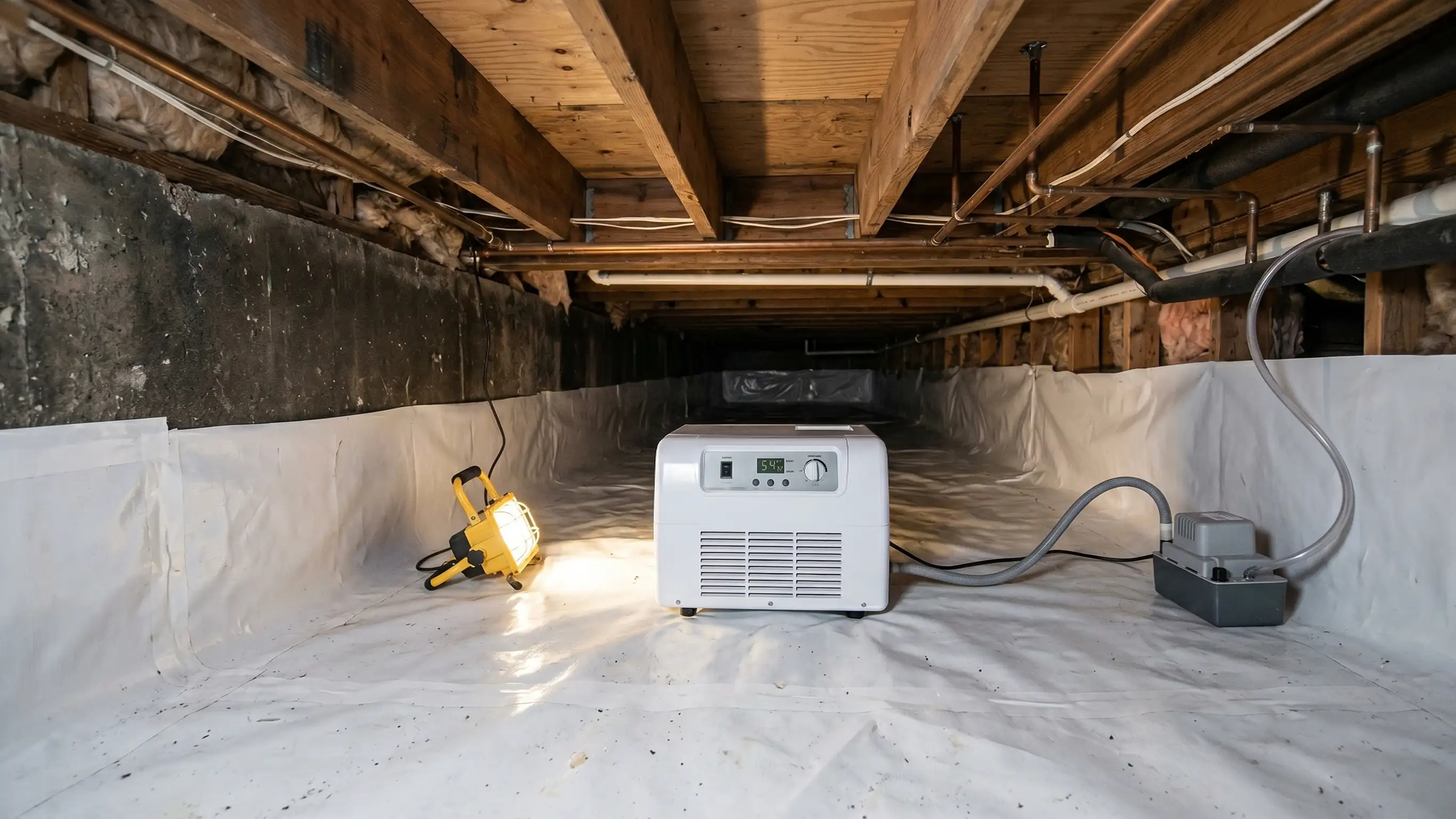 Low-profile crawl space dehumidifier on a vapor barrier with condensate pump and drain hose in a low-clearance encapsulated crawl space