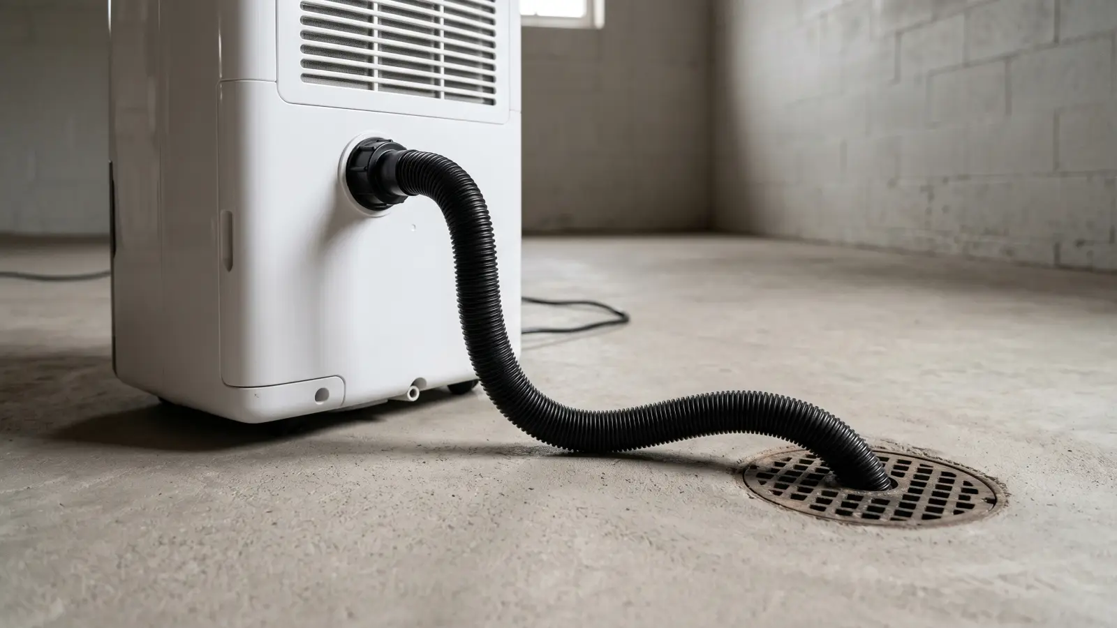 Drain hose connected to the back of a portable dehumidifier routing across a concrete basement floor to a floor drain