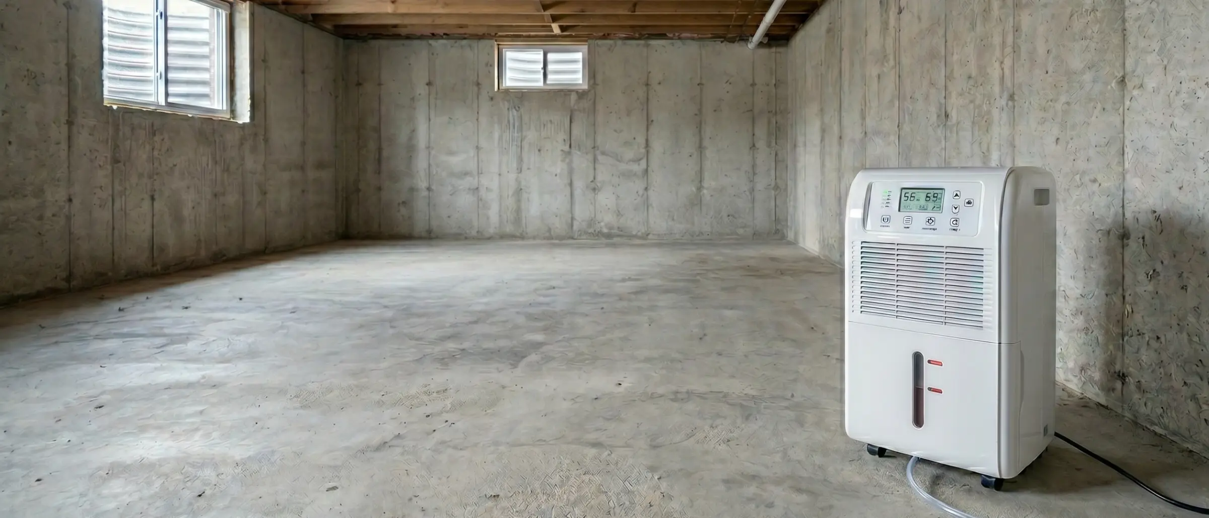 Portable dehumidifier with drain hose running in an unfinished basement with concrete walls and exposed joists