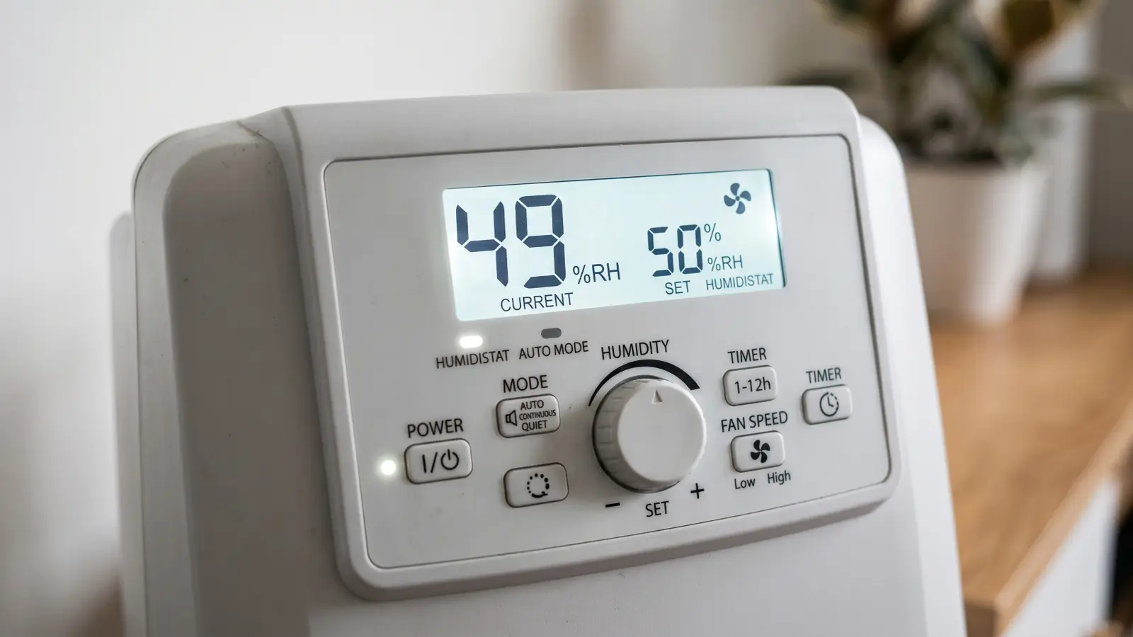 Dehumidifier control panel showing current humidity at 49% RH with humidistat setpoint at 50% for mold prevention