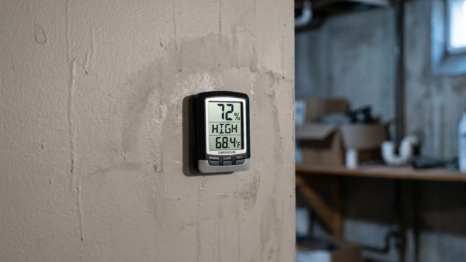 Hygrometer mounted on a basement concrete wall displaying 72% humidity and a HIGH indicator, above the 60% mold growth threshold
