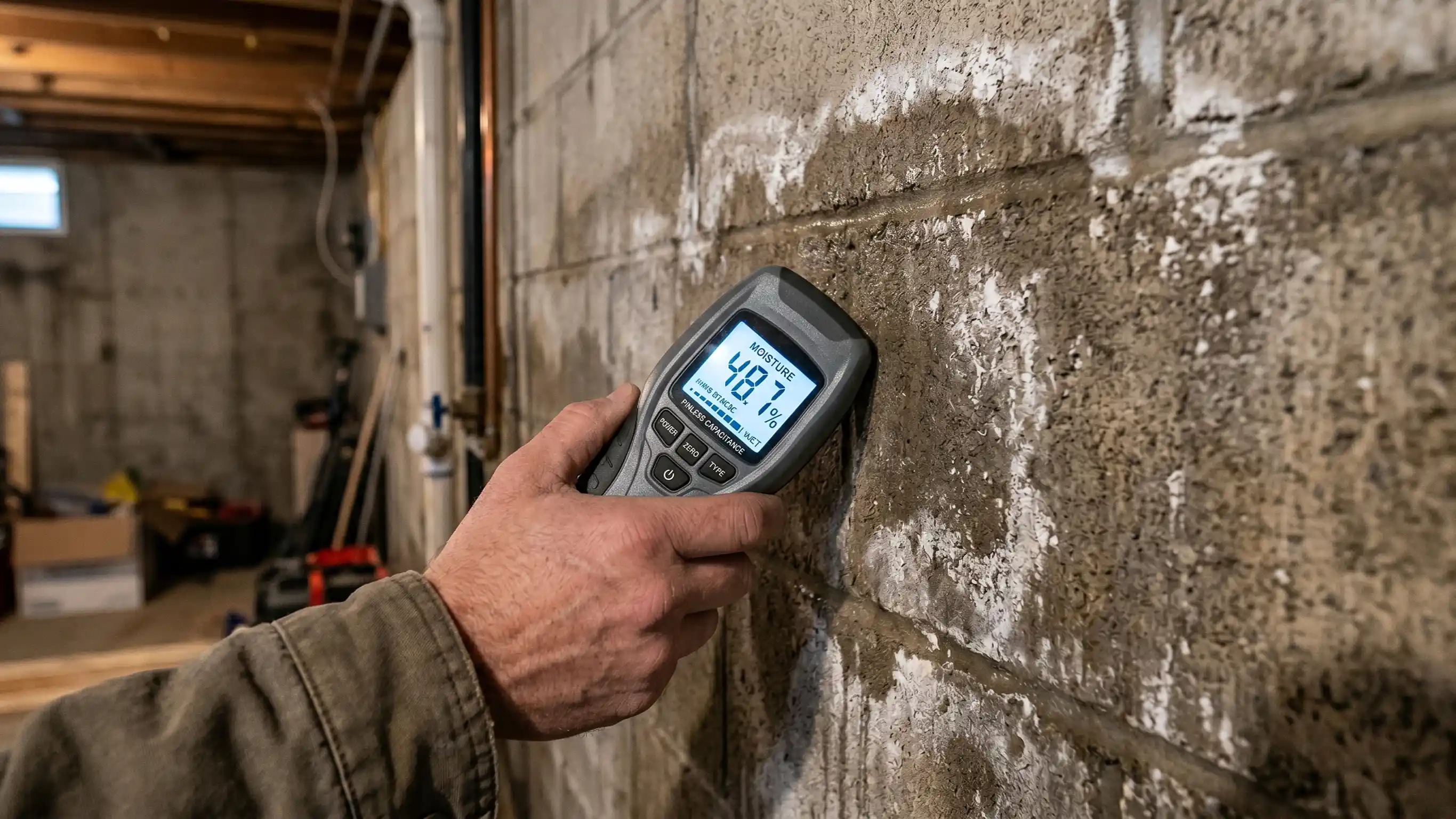 Moisture meter pressed against an efflorescence-stained concrete block basement wall showing a high WET reading