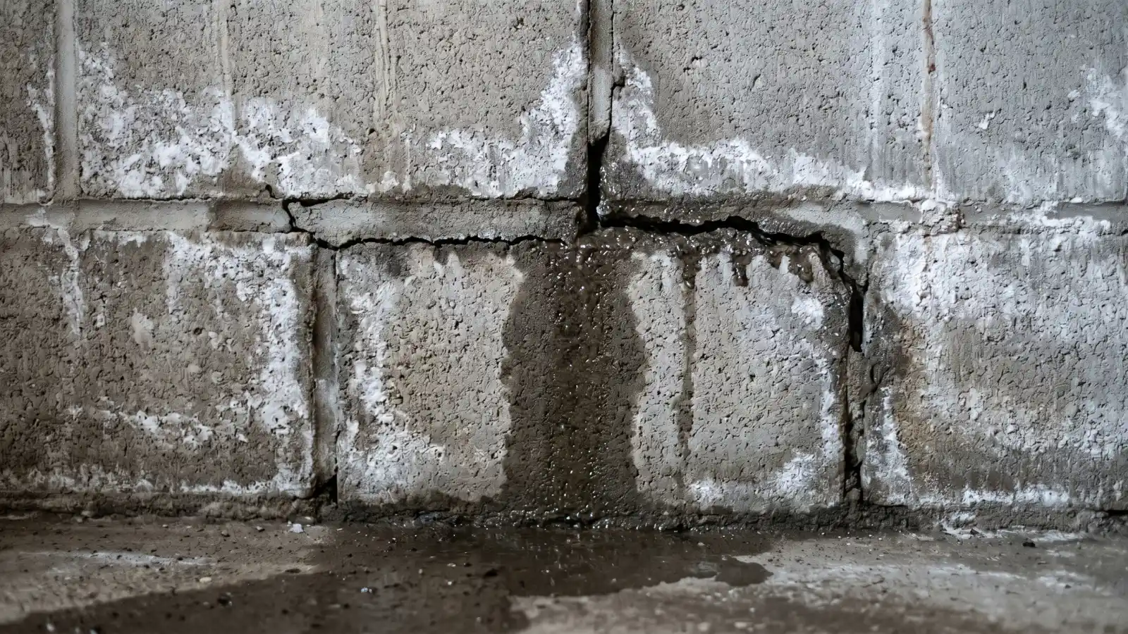 Moisture seeping through a crack in a concrete block basement wall with efflorescence and water staining indicating active water intrusion