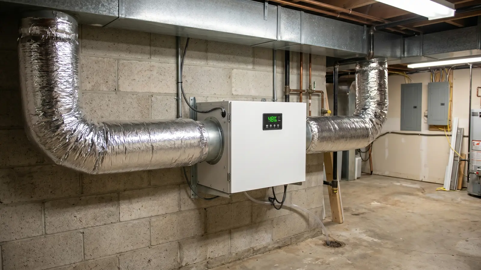Whole-house dehumidifier wall-mounted in a basement mechanical room with flexible ductwork connections on both sides